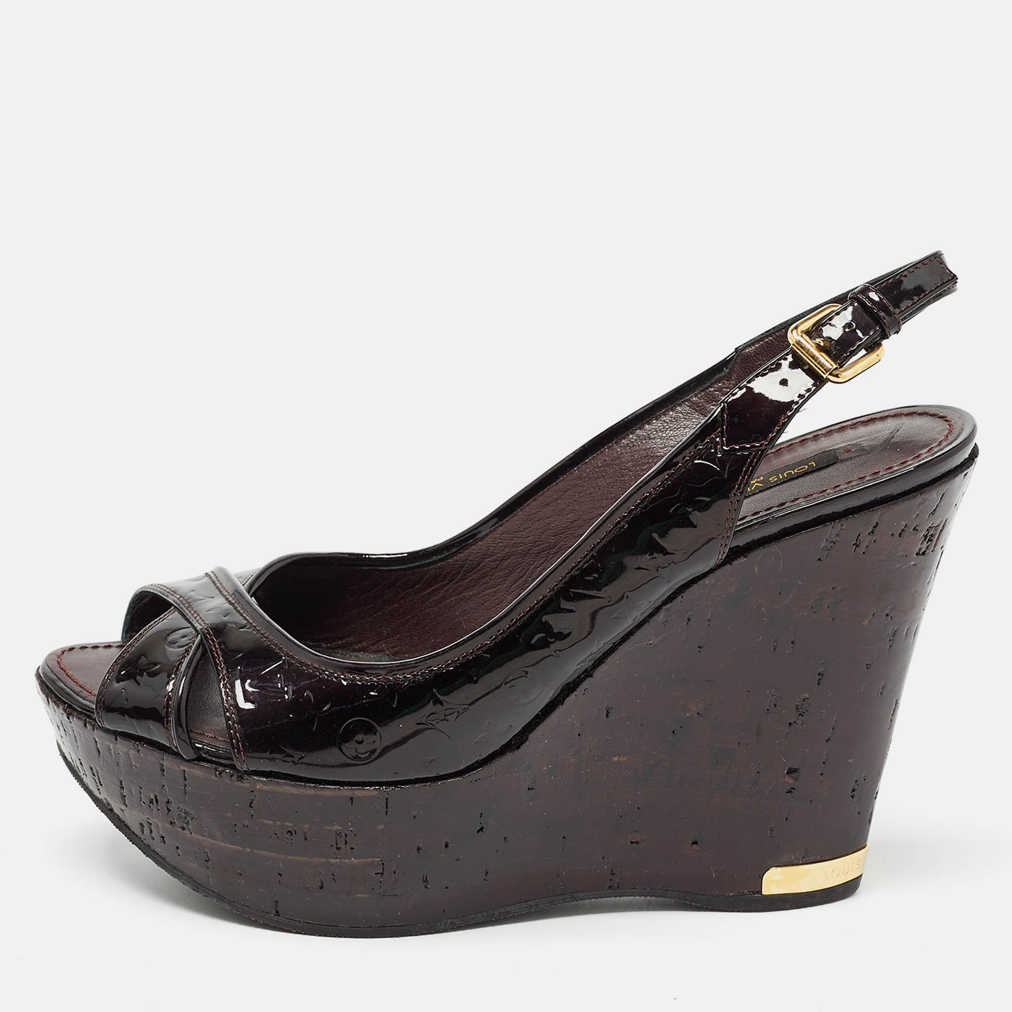 Louis vuitton dark burgundy monogram patent leather pantheon wedge sandals size 39