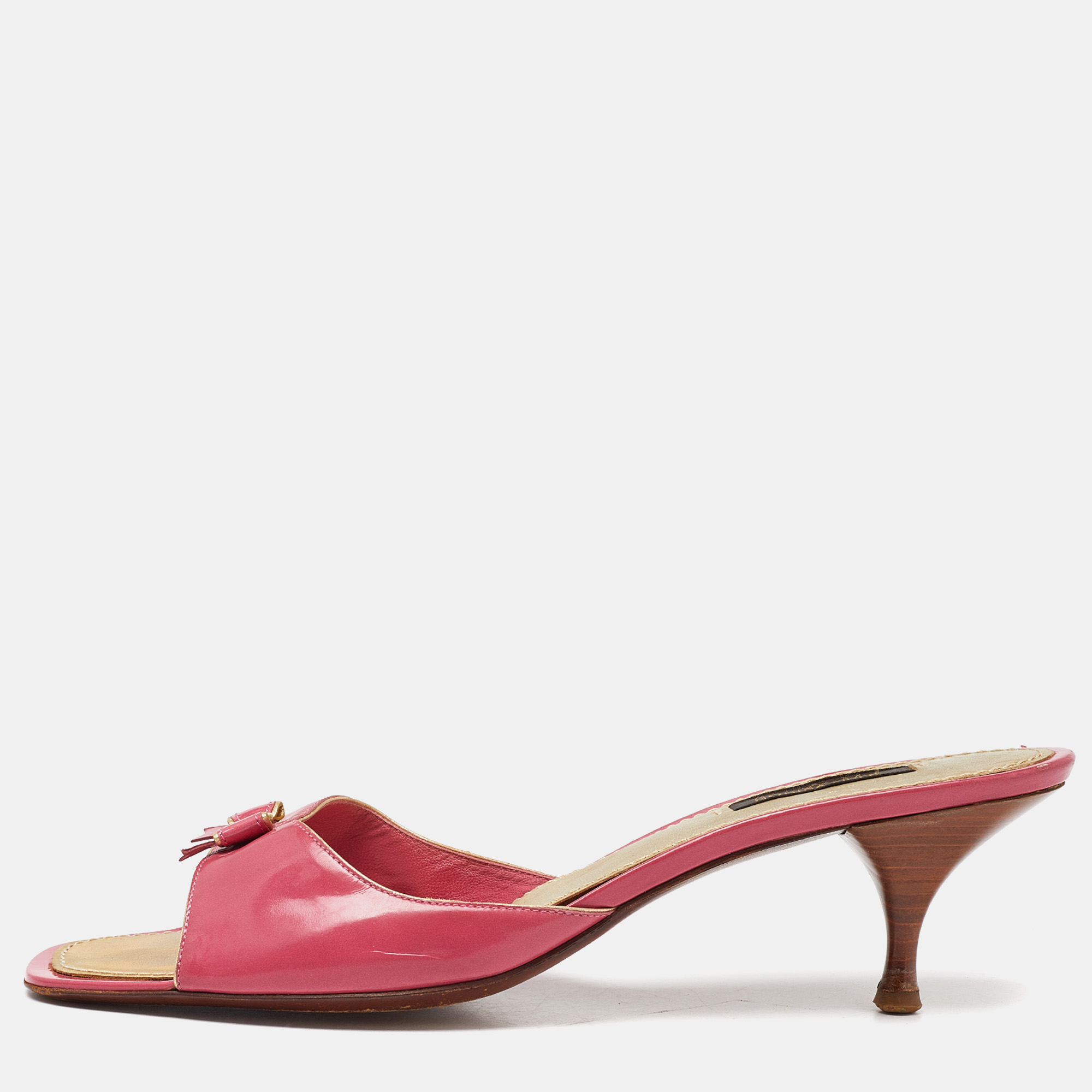 Louis vuitton pink patent leather bow open toe slide sandals size 42