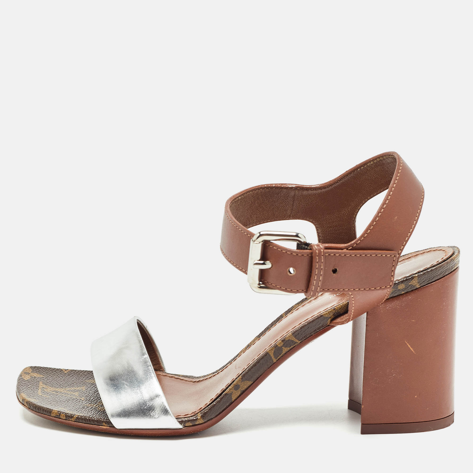 Louis vuitton silver/brown leather bloom ankle strap sandals size 38.5