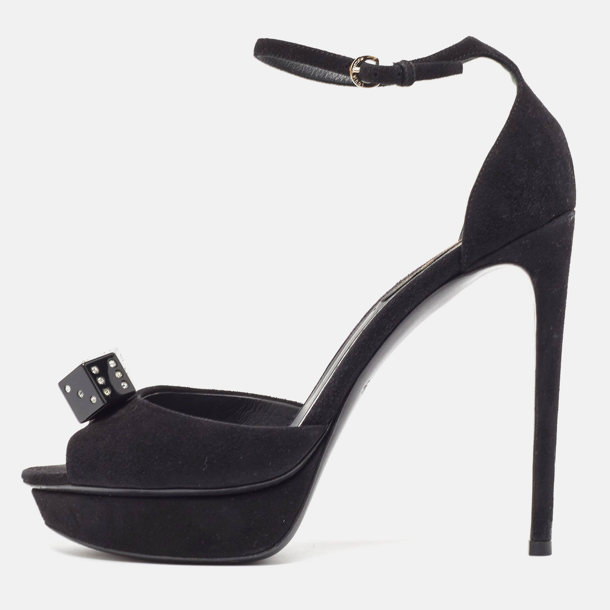 Louis vuitton black suede studded dice platform ankle strap sandals size 37.5