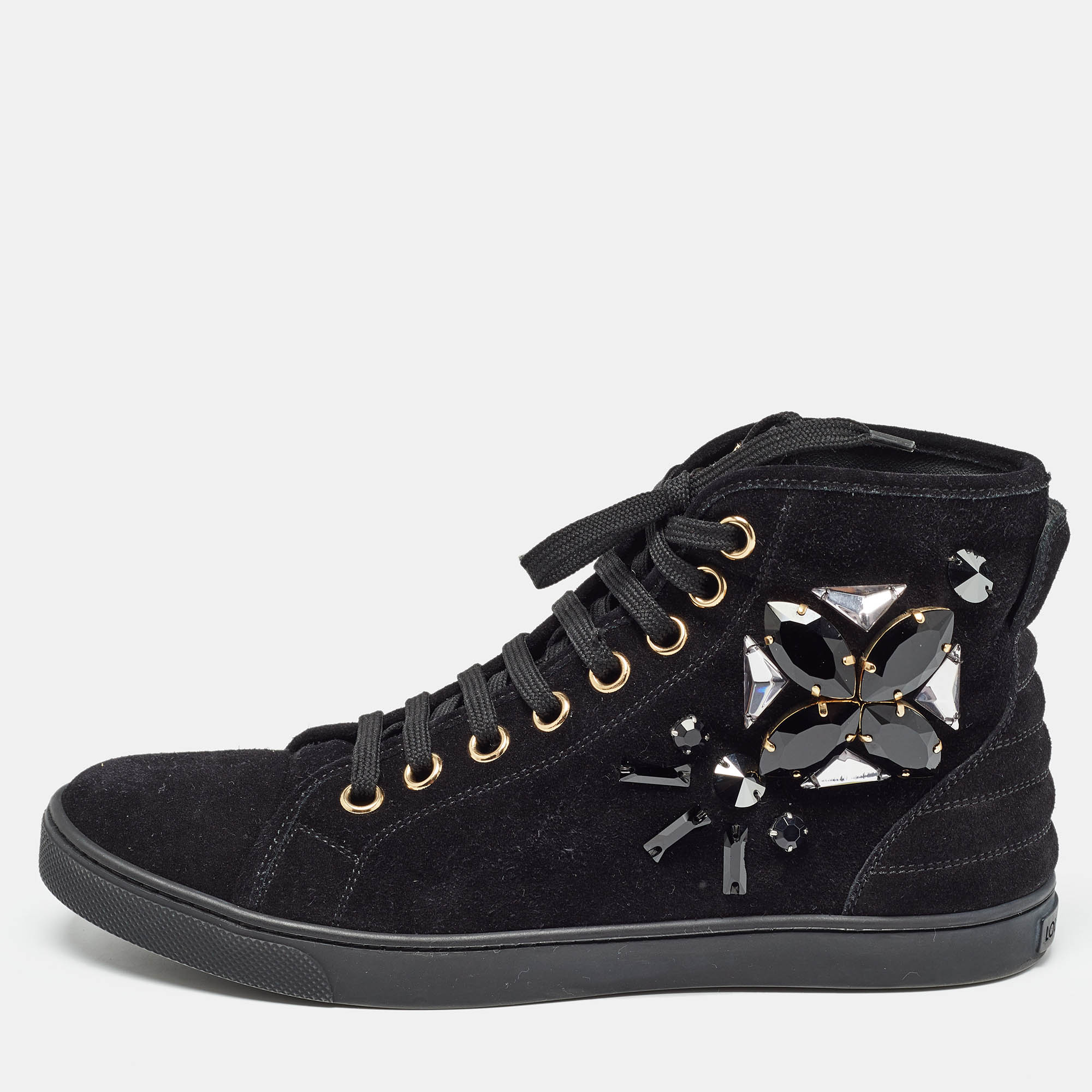 Louis vuitton black suede crystal embellished high top sneakers size 38