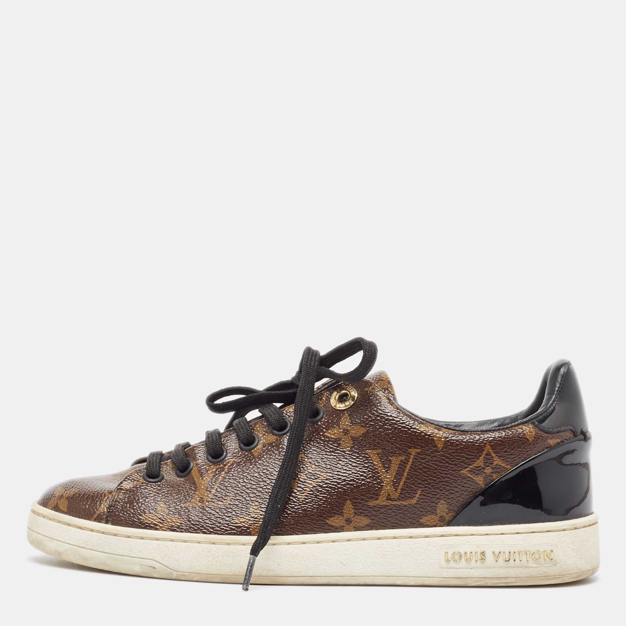 Louis vuitton brown/black monogram canvas and patent leather frontrow sneakers size 37