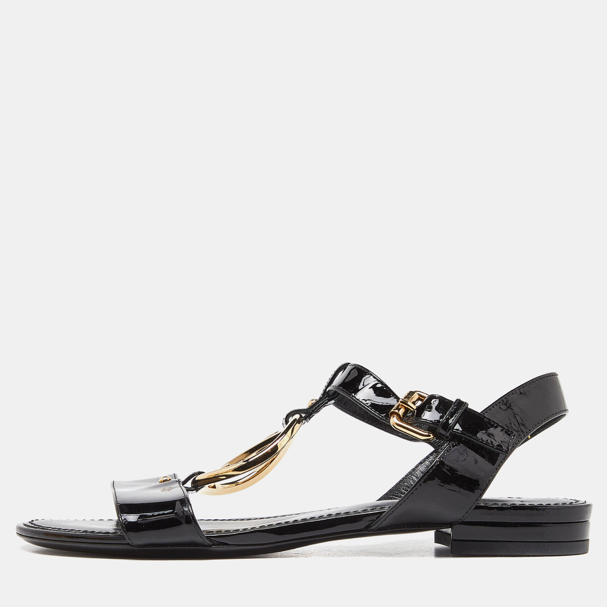 Louis vuitton black patent leather carioca logo detail flat sandals size 37