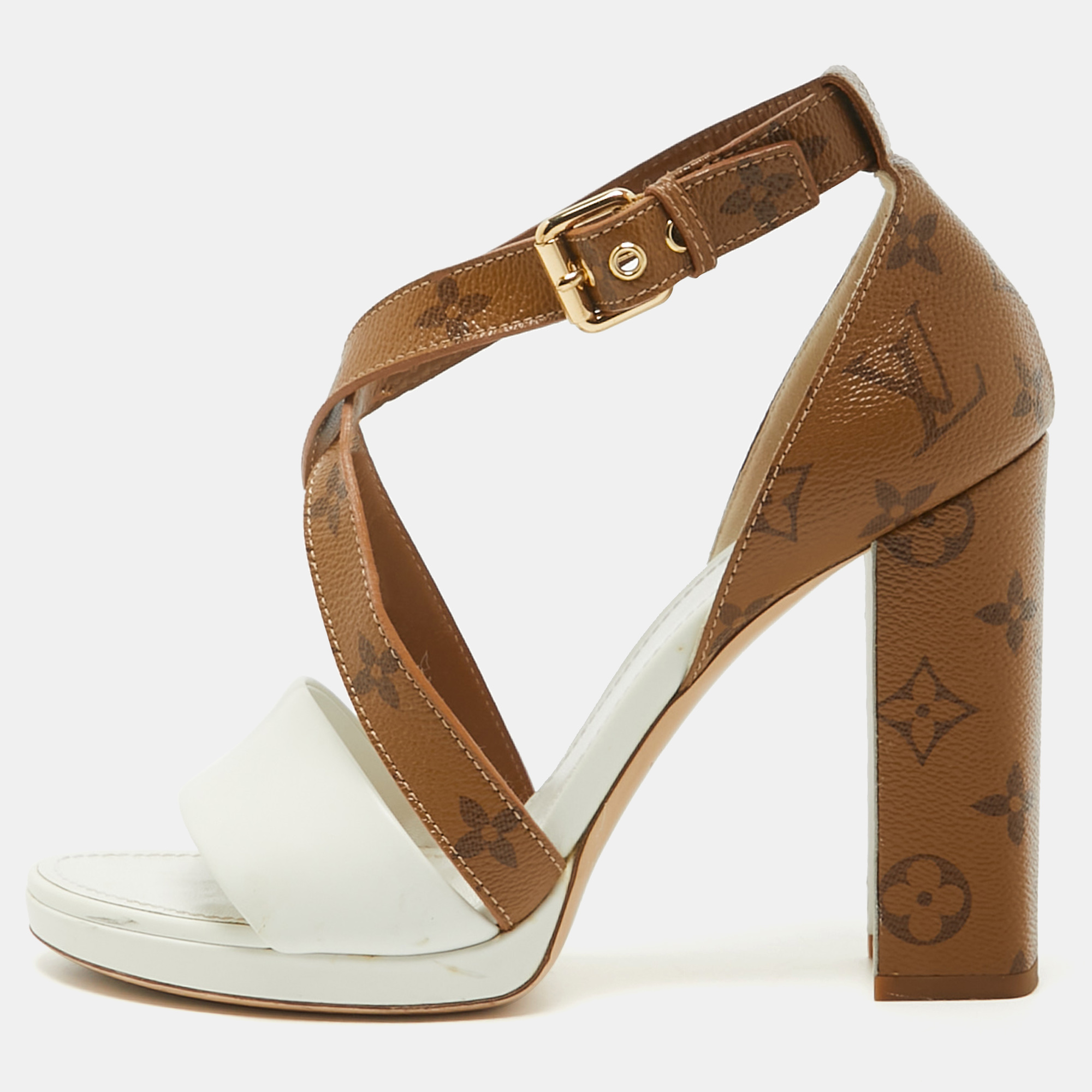 Louis vuitton white/brown monogram canvas and leather matchmake sandals size 40