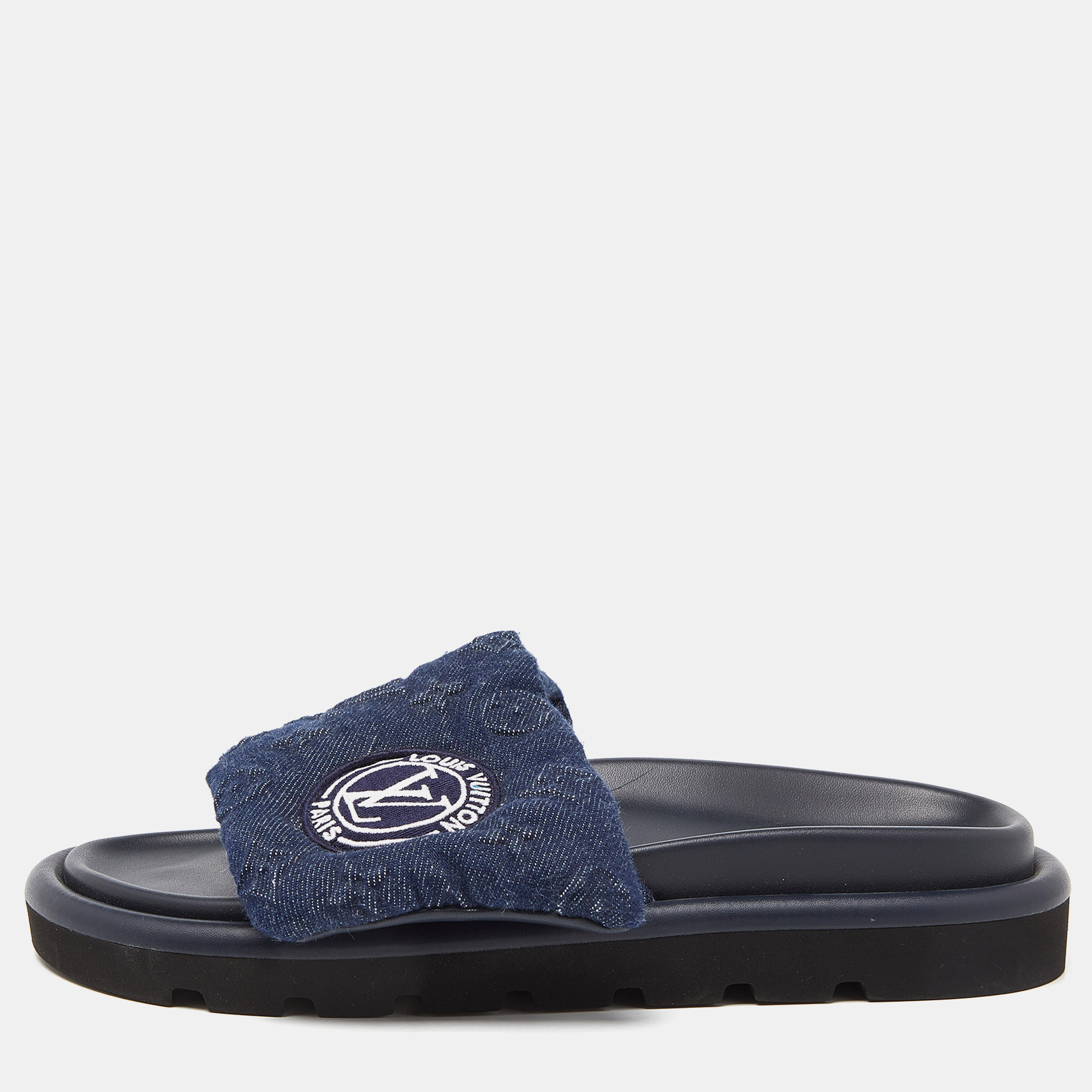 Louis vuitton navy blue monogram denim pool pillow velcro flat slides size 40