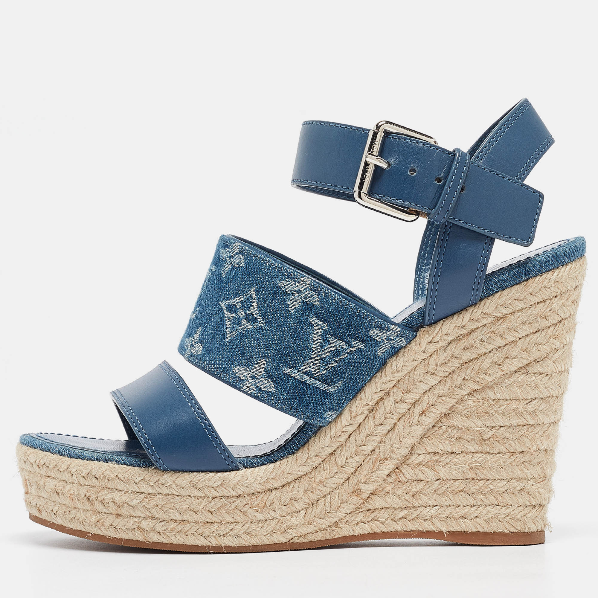 Louis vuitton blue leather and monogram denim starboard wedge sandals size 38