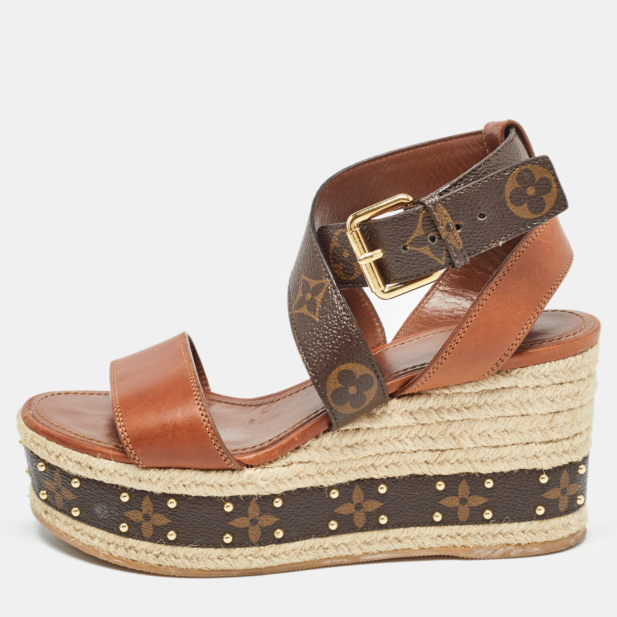 Louis vuitton brown leather and monogram canvas boundary wedge sandals size 37