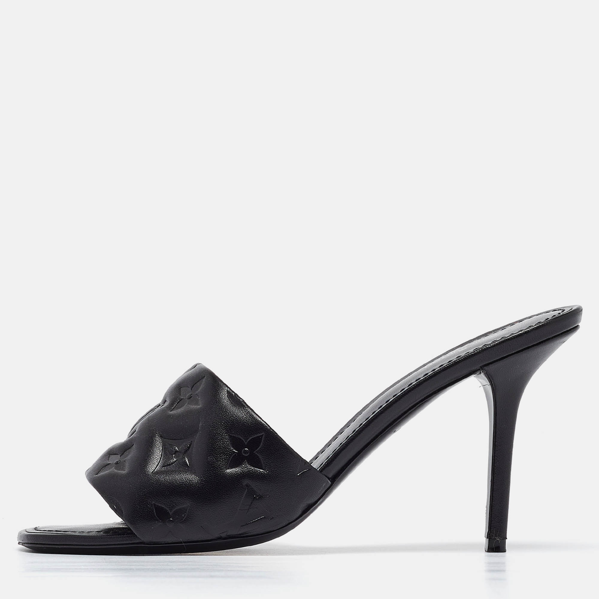 Louis vuitton black monogram embossed leather revival slide sandals size 39