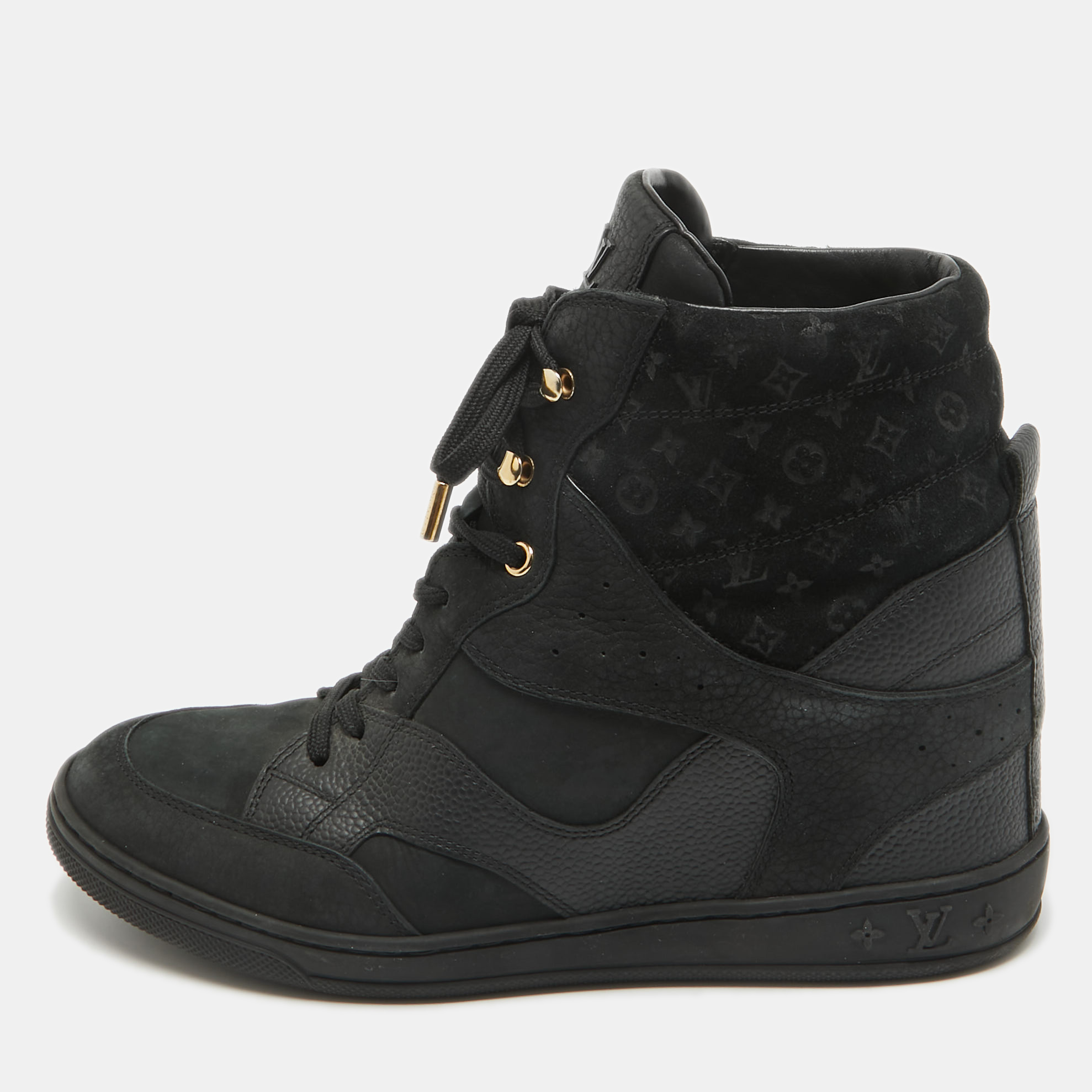 Louis vuitton black nubuck leather and monogram suede millenium wedge high top sneakers size 40