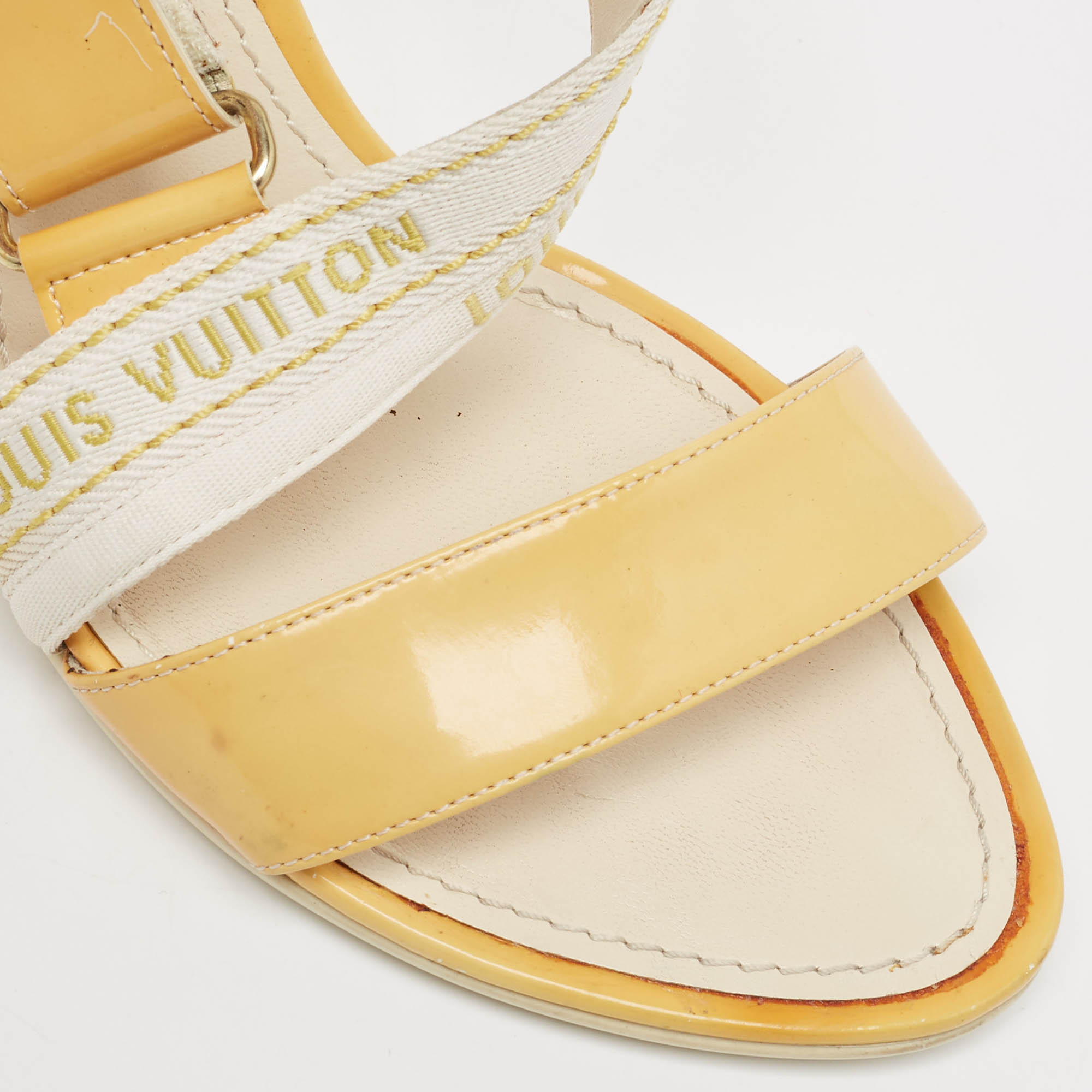 Louis Vuitton Yellow Patent Leather And  Canvas Logo Strap Sandals Size 37.5