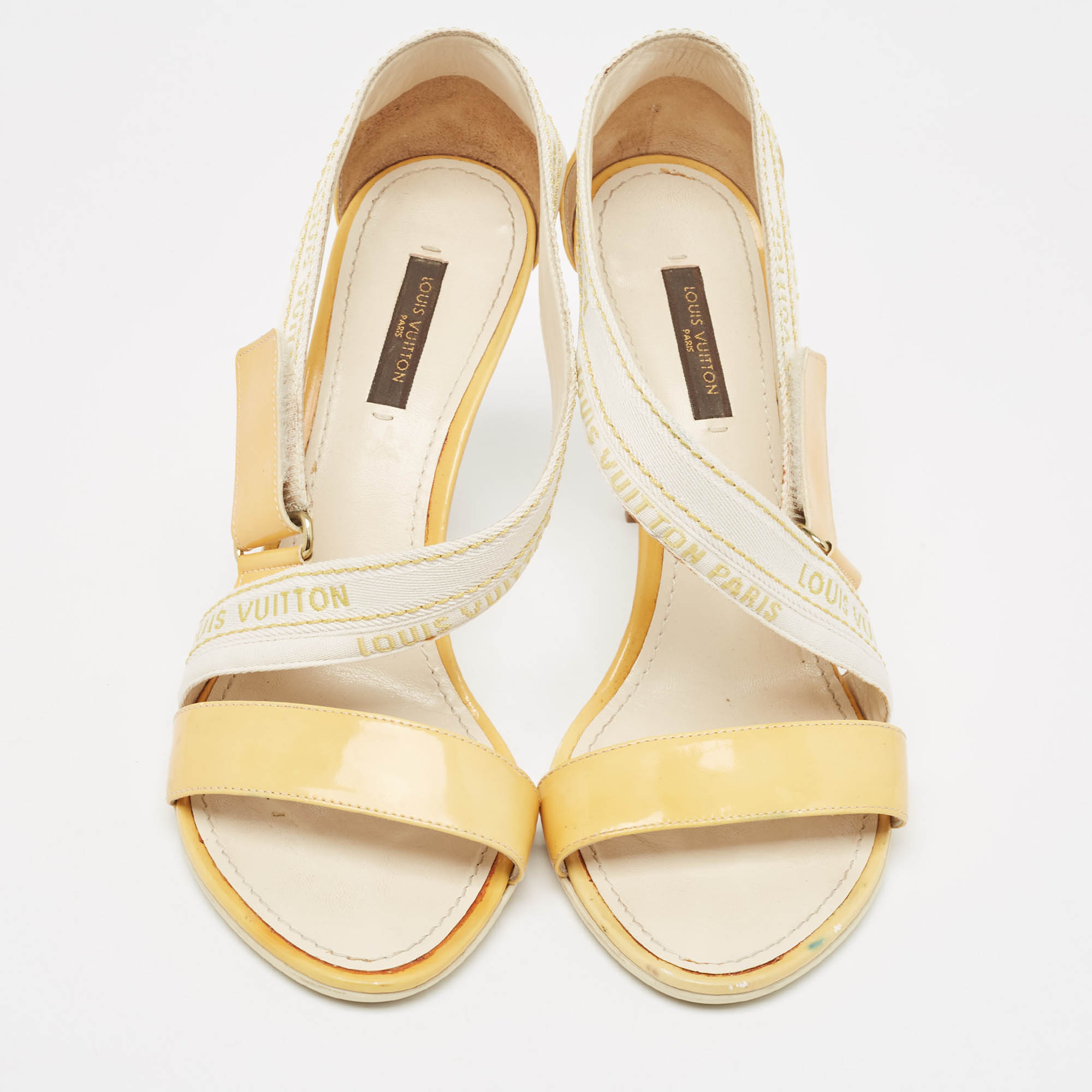 Louis Vuitton Yellow Patent Leather And  Canvas Logo Strap Sandals Size 37.5