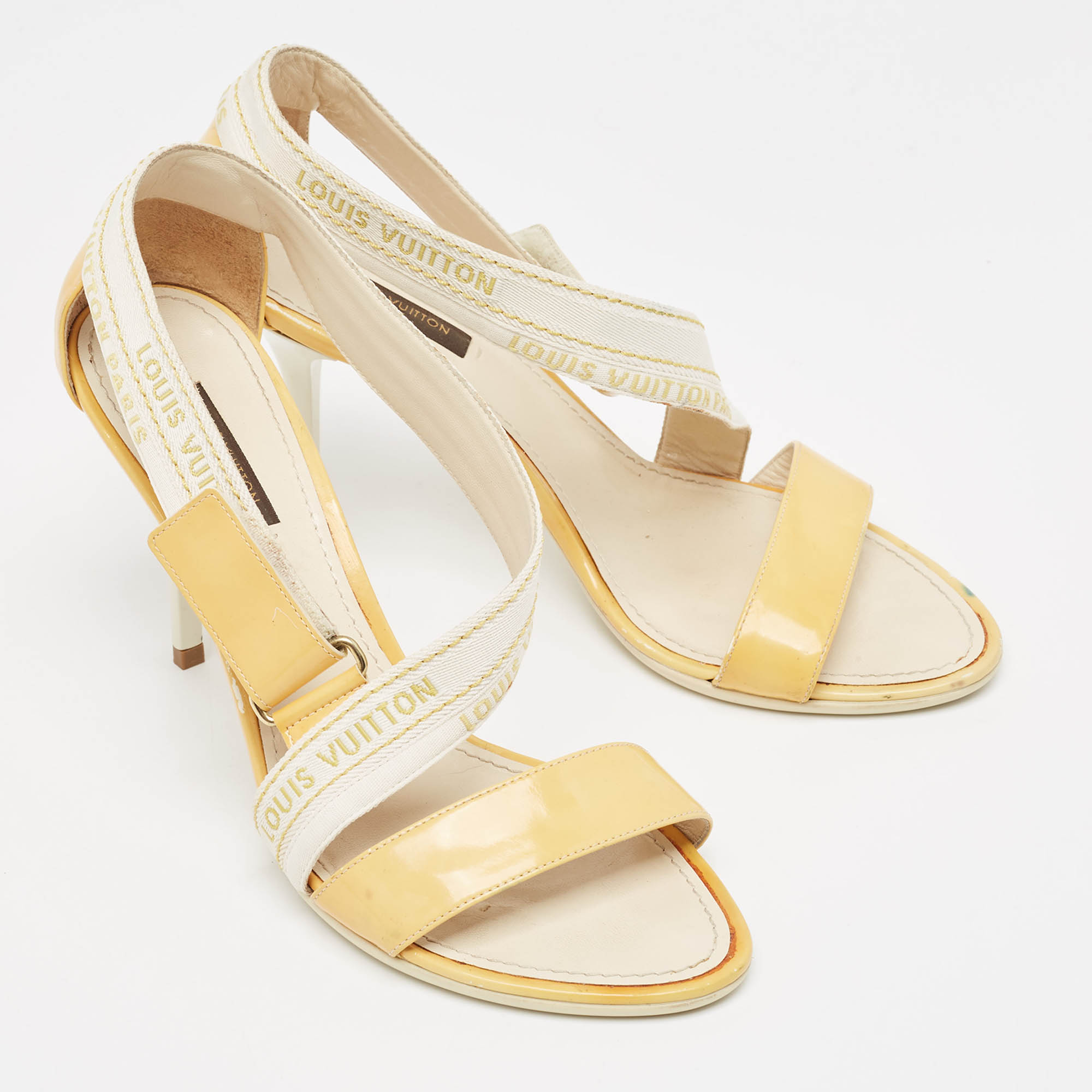 Louis Vuitton Yellow Patent Leather And  Canvas Logo Strap Sandals Size 37.5