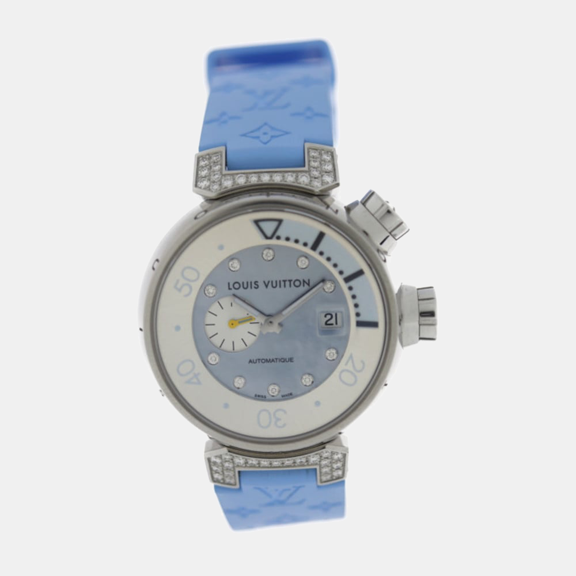 Louis vuitton blue diamonds stainless steel tambour q1330 quartz women's wristwatch 35 mm