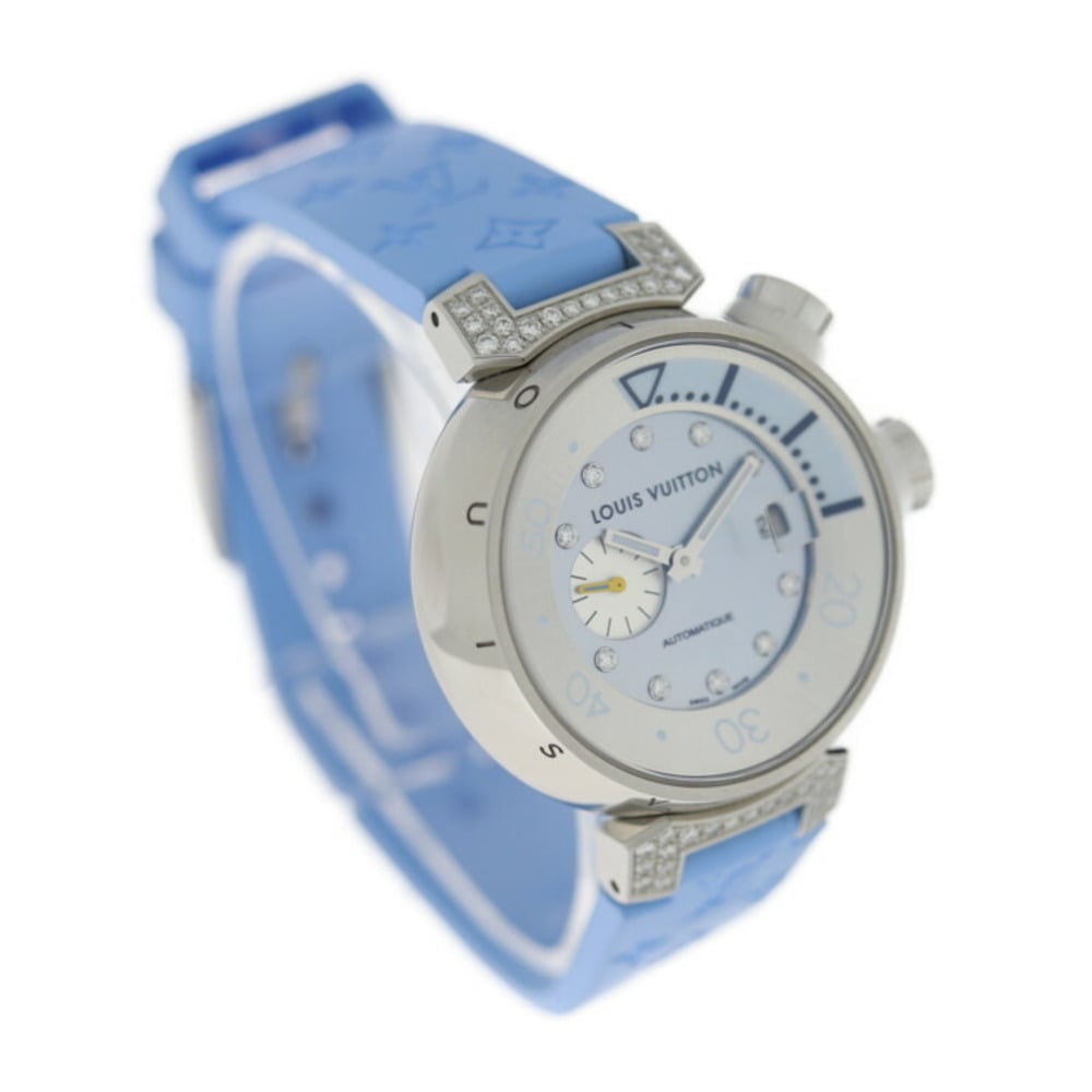 Louis Vuitton Blue Diamonds Stainless Steel Tambour Q1330 Quartz Women's Wristwatch 35 Mm
