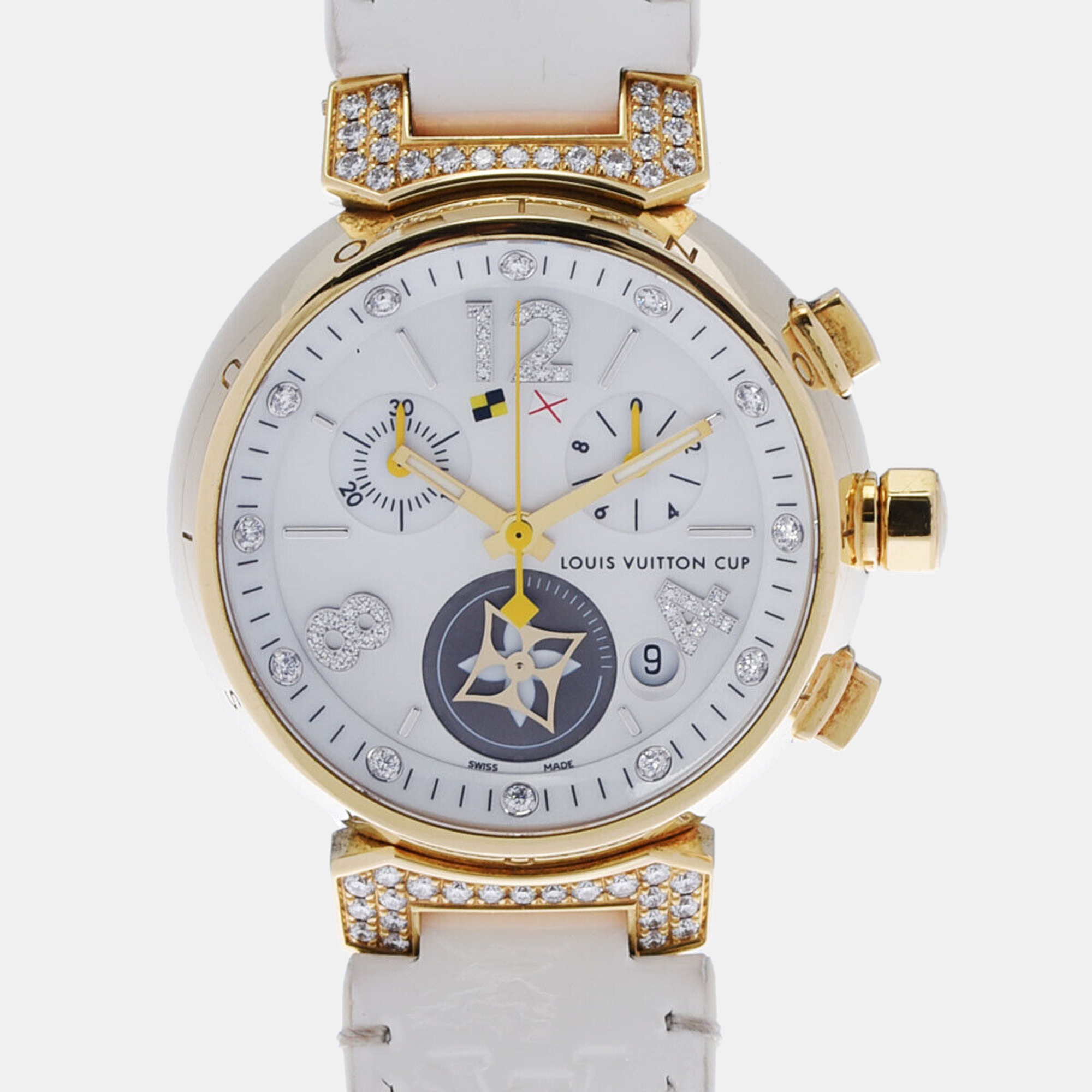 Louis vuitton white shell 18k yellow gold tambour q132l quartz women's wristwatch 34 mm