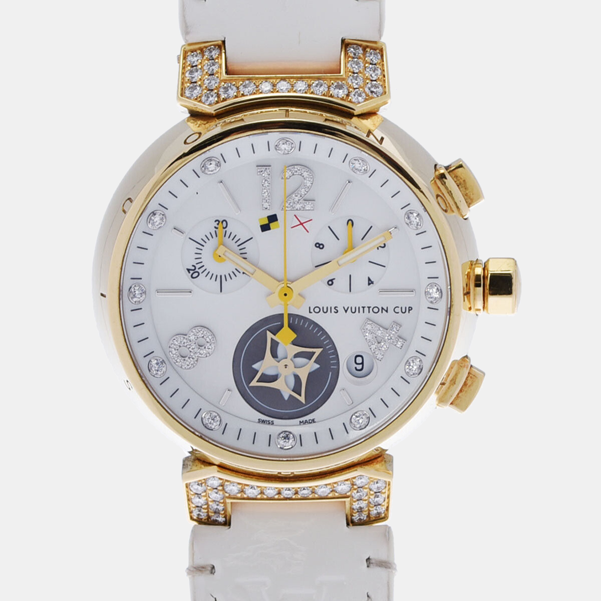 Louis Vuitton White Shell 18k Yellow Gold Tambour Q132L Quartz Women's Wristwatch 34 Mm