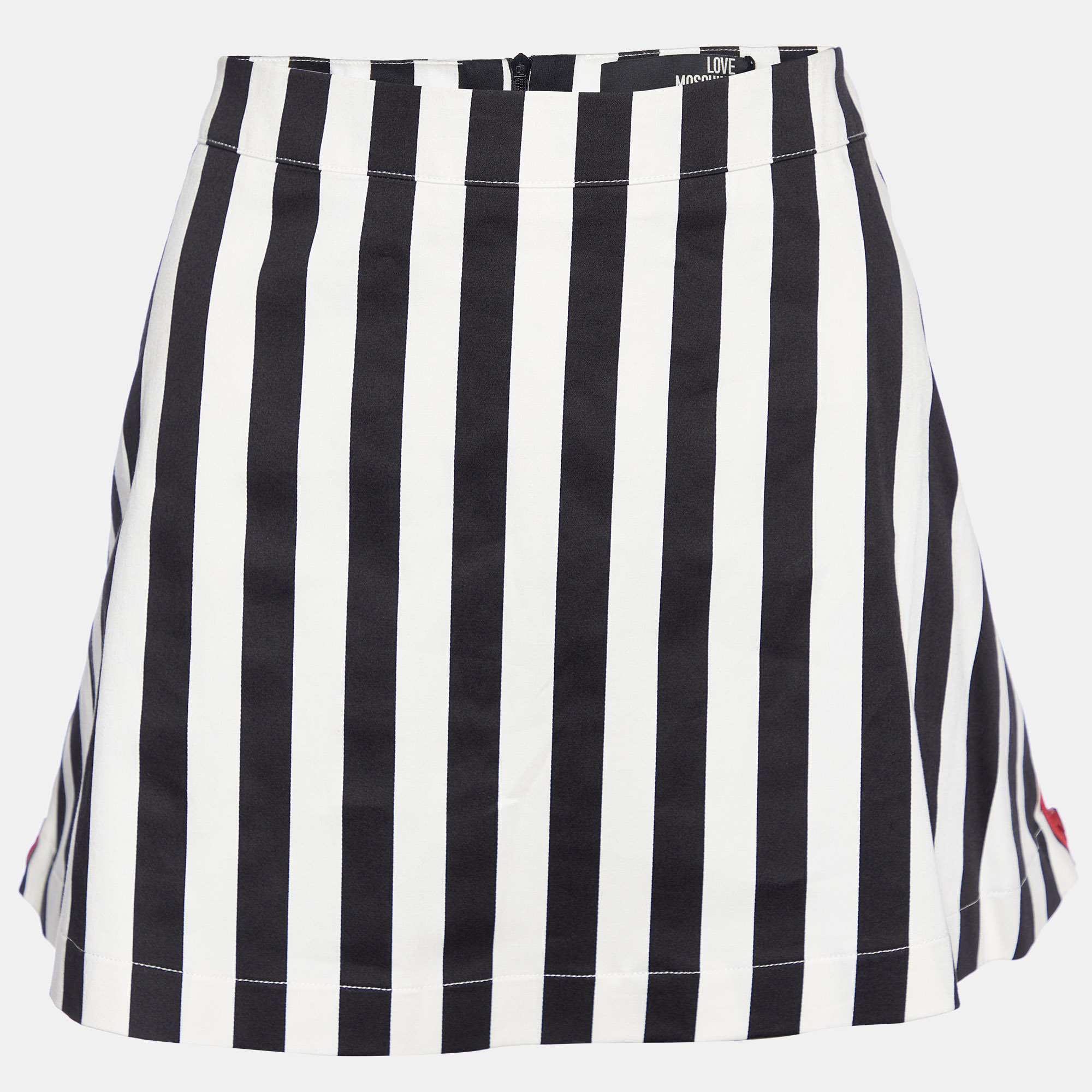 Love Moschino Black & White Striped Cotton Contrast Zip Detail Mini Skirt M