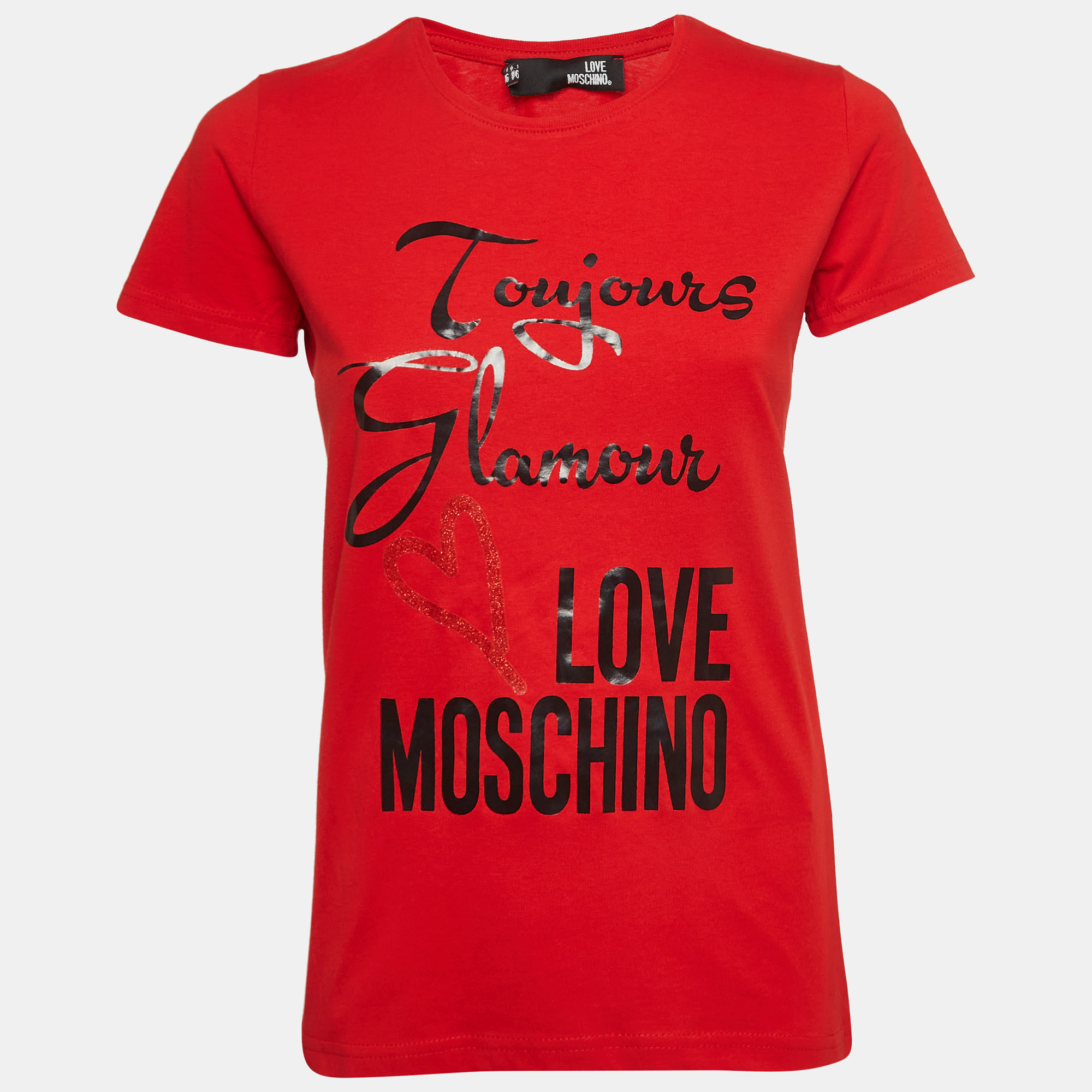 Love moschino red printed cotton knit crew neck t-shirt s