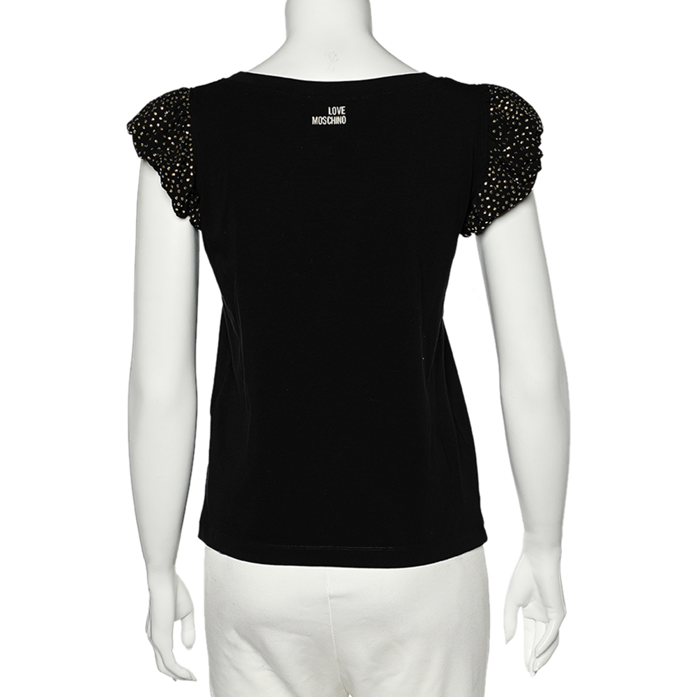 Love Moschino Black Cotton Knit Embellished Puff Sleeve T-Shirt M