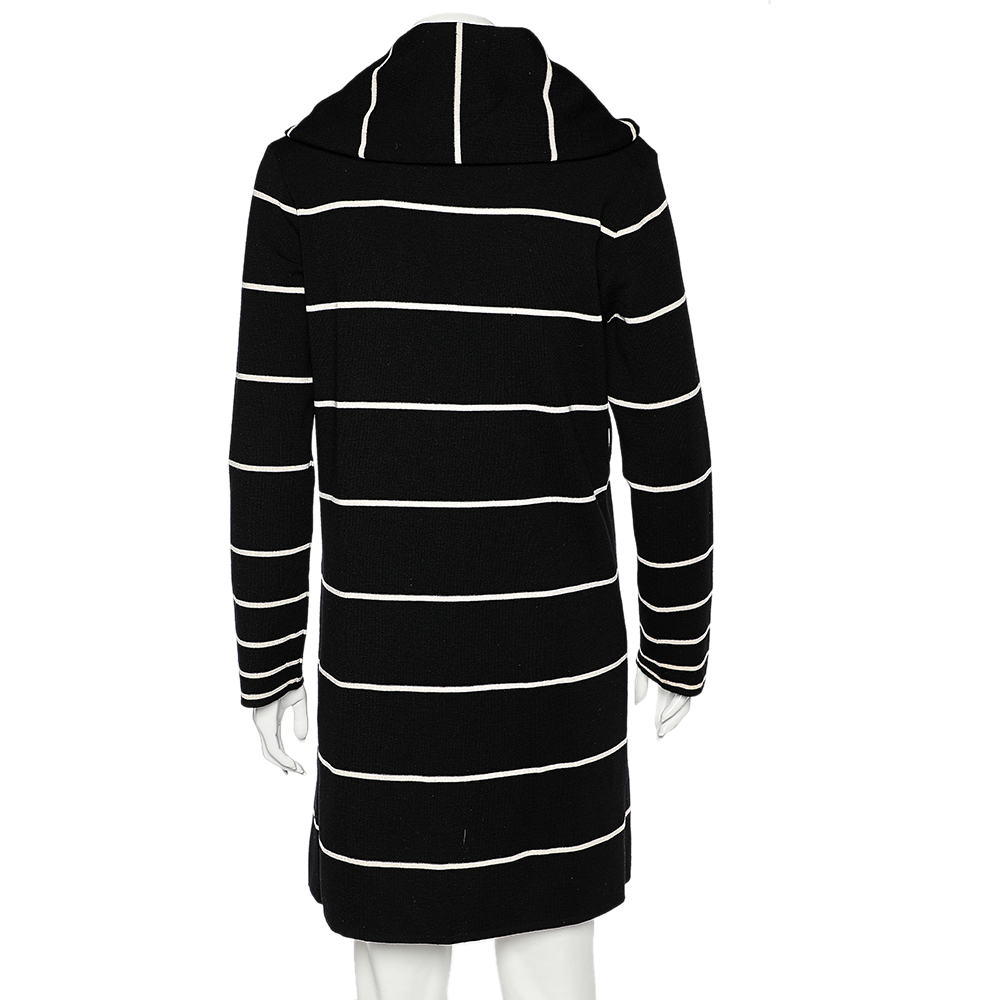 Love Moschino Black Striped Wool Hooded Mid Length Overcoat M