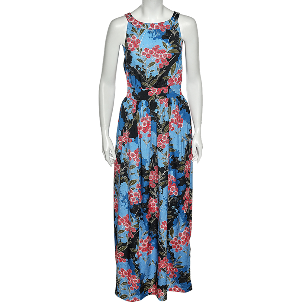

Love Moschino Blue Floral Printed Crepe Sleeveless Maxi Dress