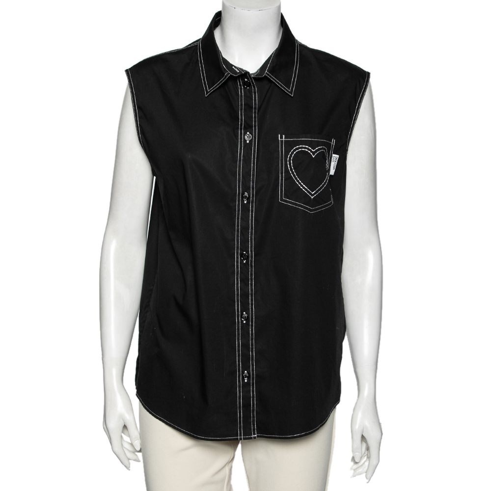 Love Moschino Black Cotton Heart Embroidered Sleeveless Shirt L