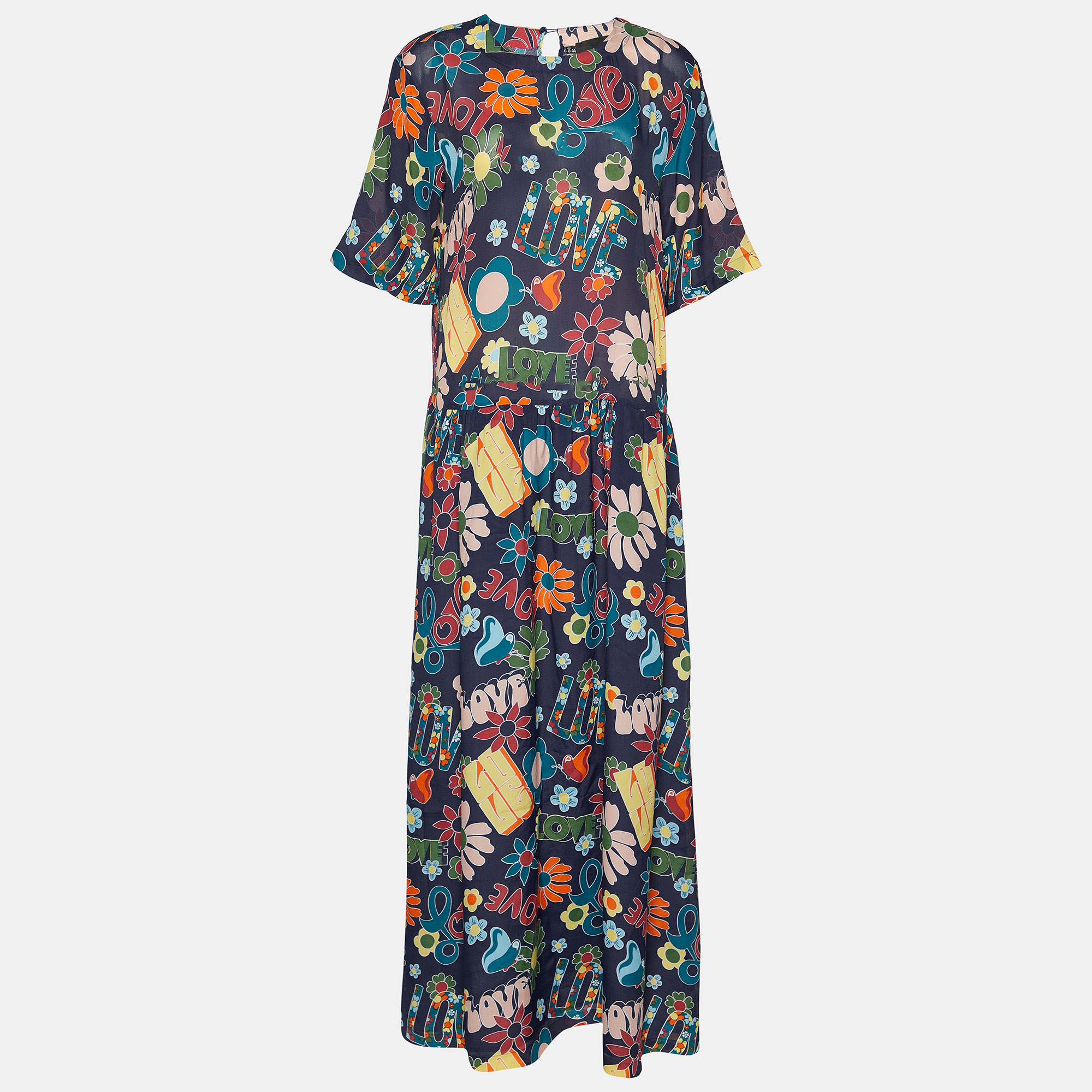 Love Moschino Navy Blue Floral Printed Silk Georgette Maxi Dress M