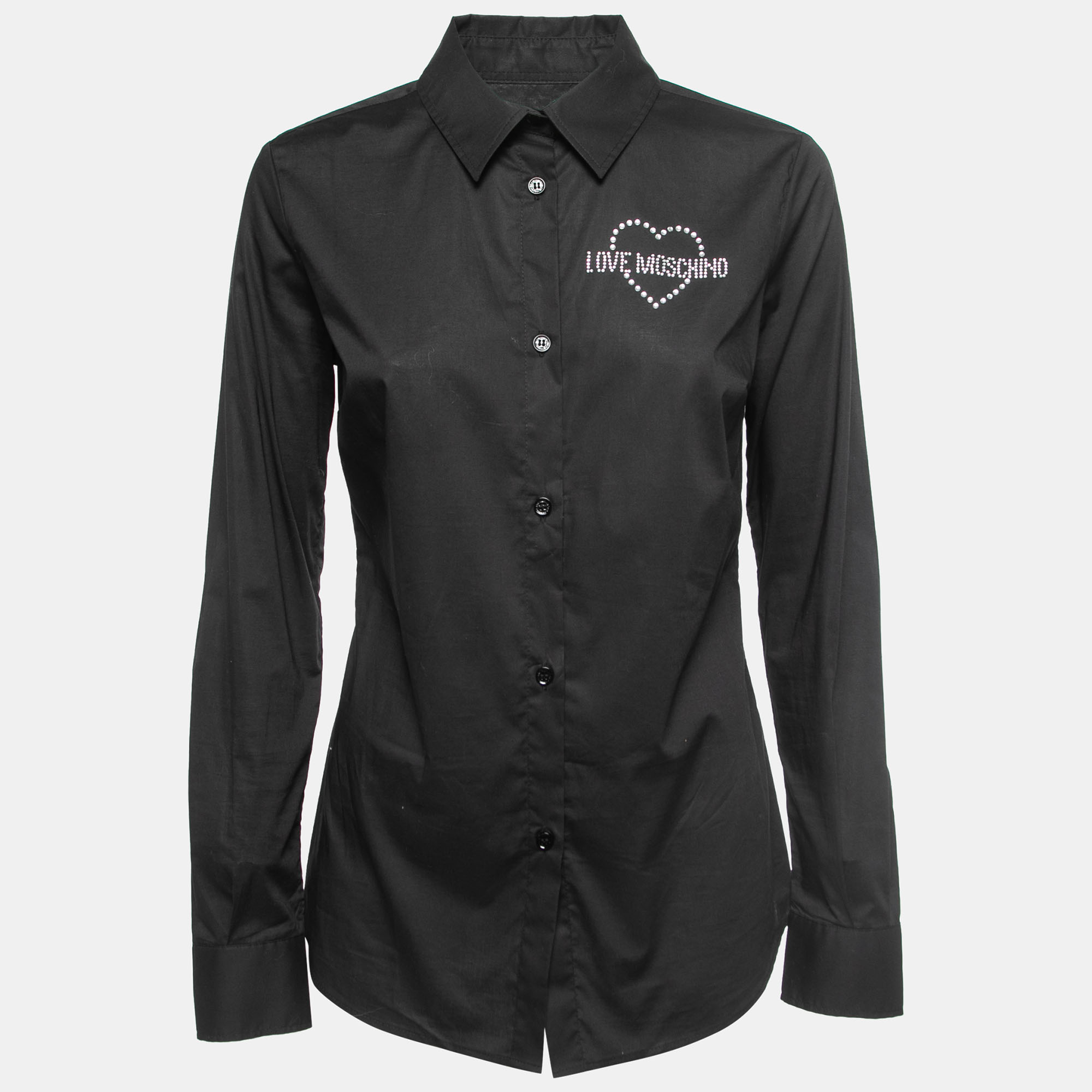 Love Moschino Black Cotton Rhinestone Embellished Logo Shirt M