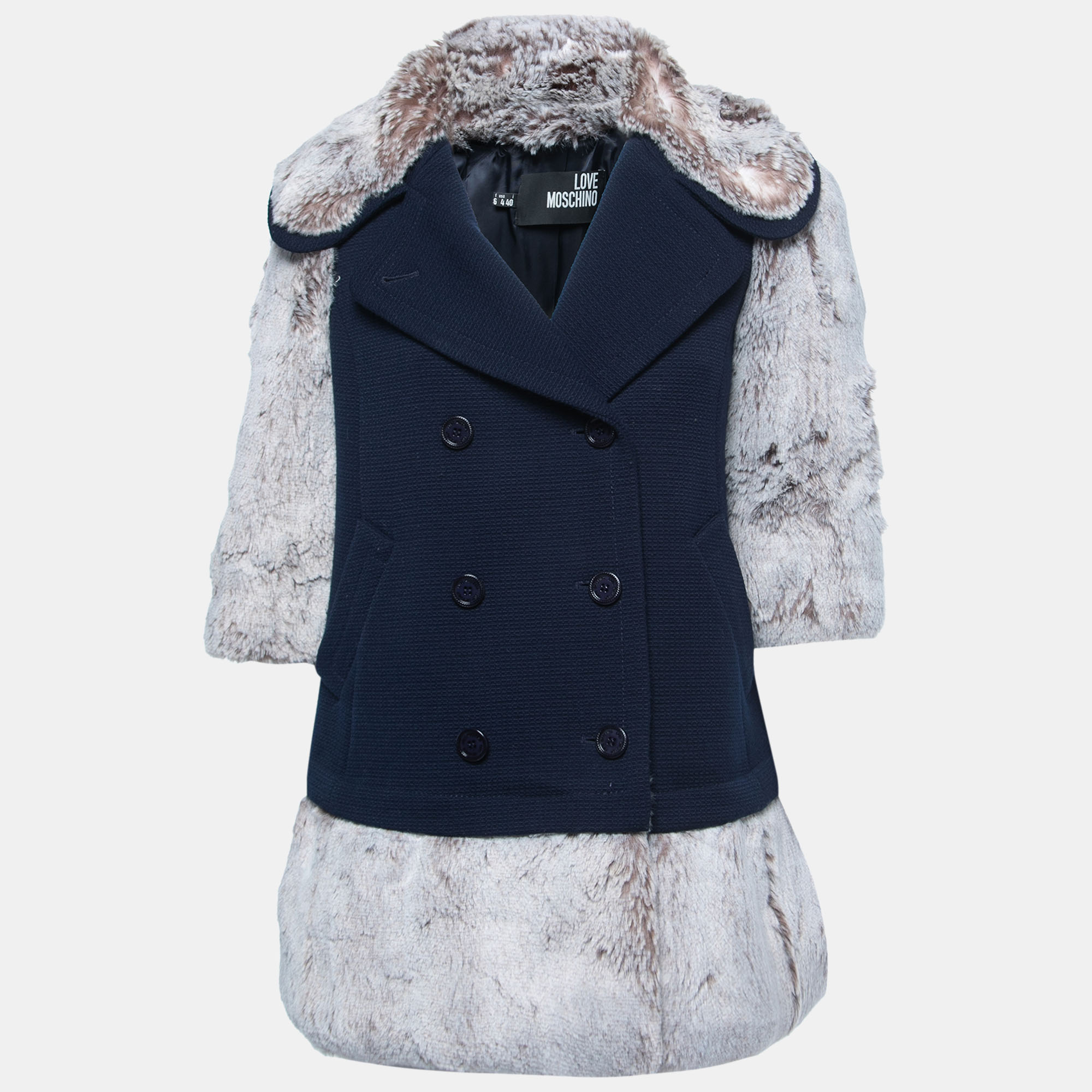 Love Moschino Navy Blue Wool & Faux Fur Coat S