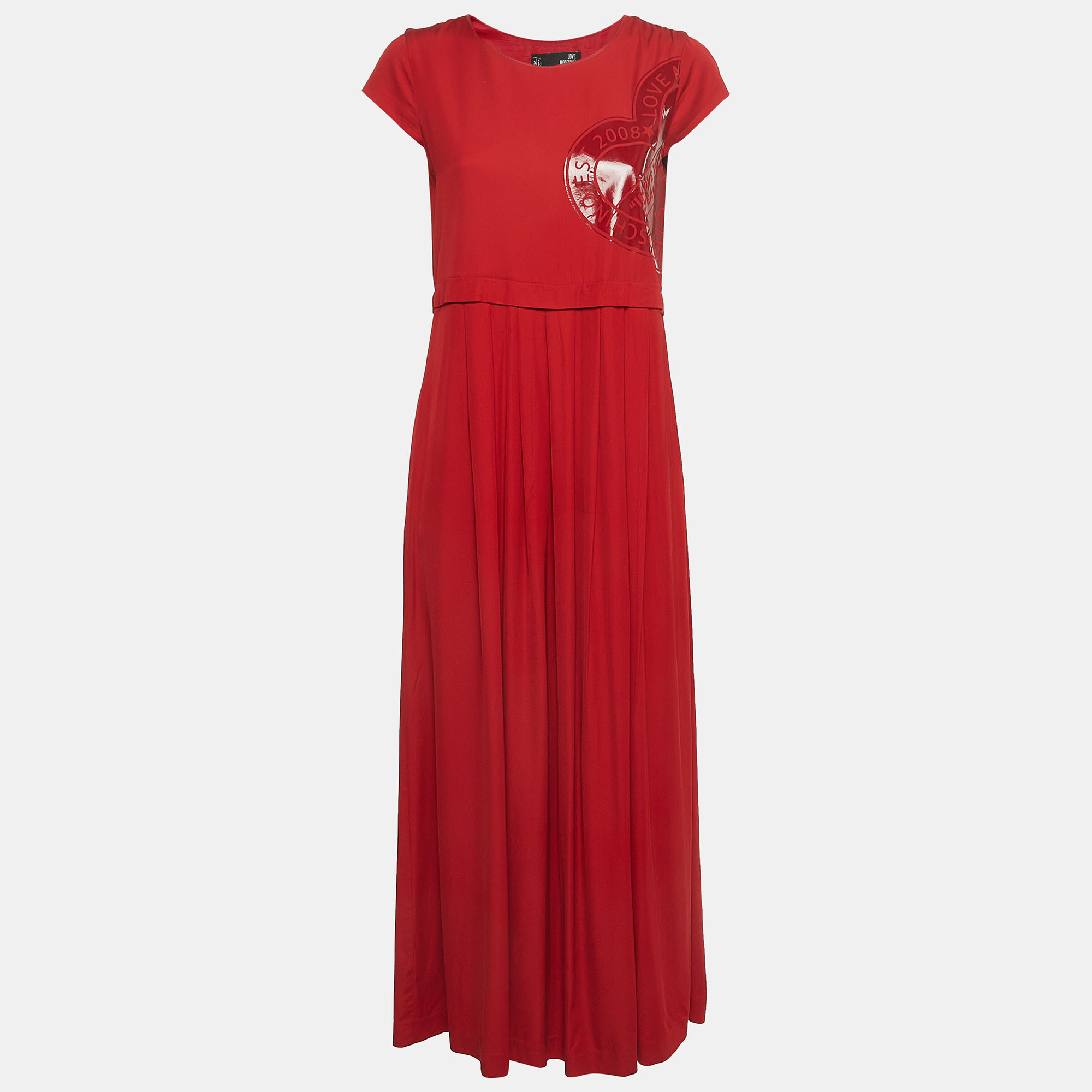 Love Moschino Red Crepe Leather Patch Pleated Maxi Dress S