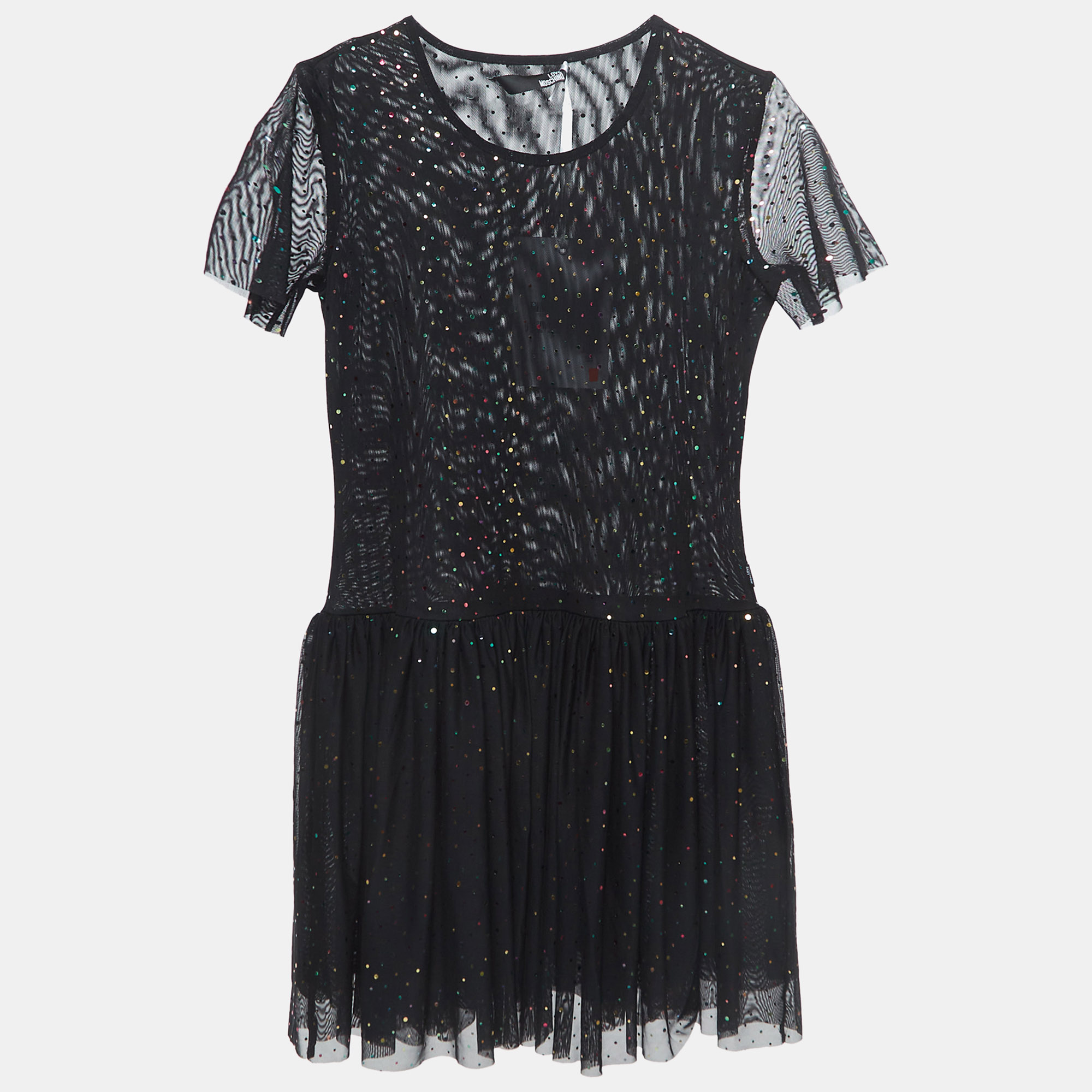 Love Moschino Black Dotted Tulle Gathered Mini Dress M