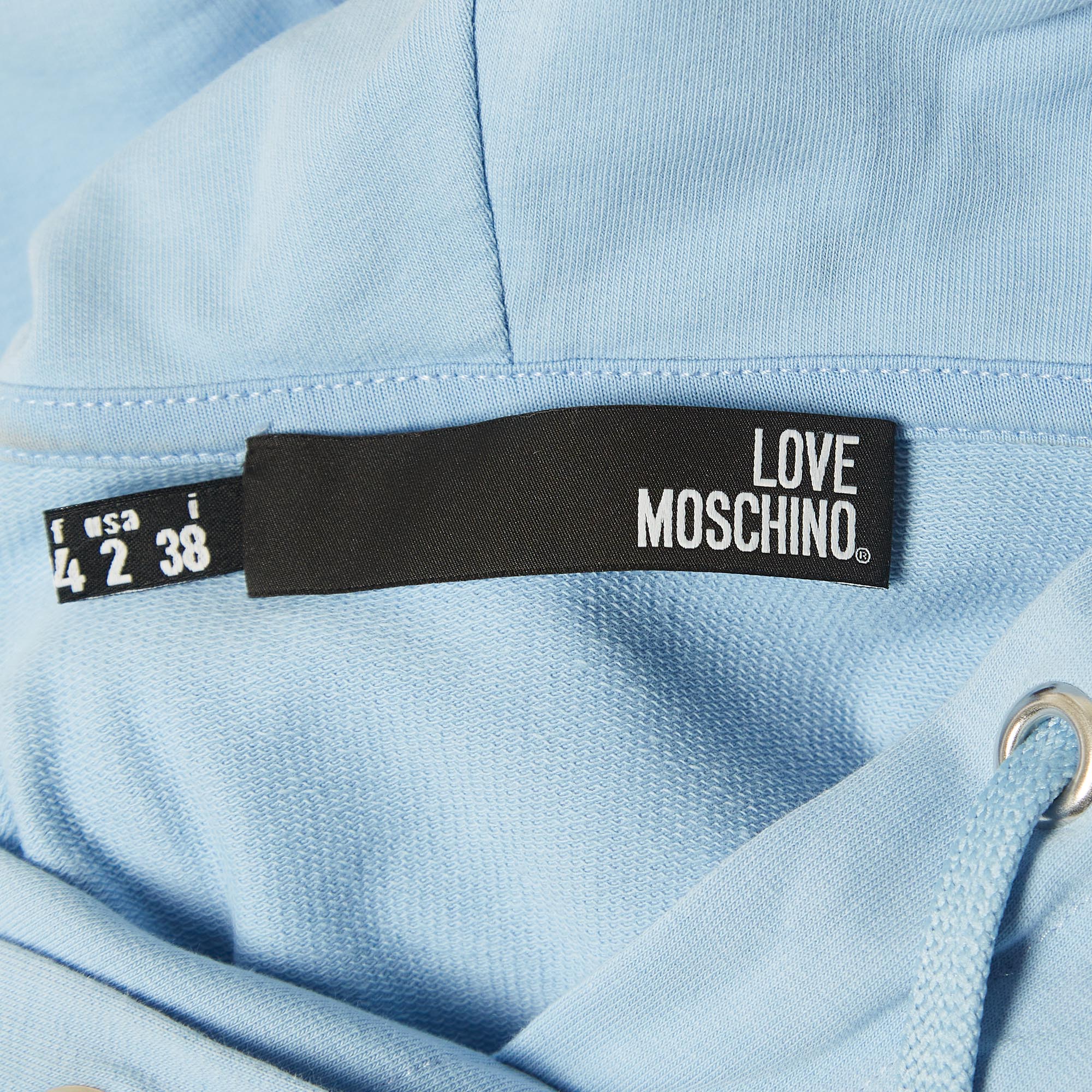 Love Moschino Blue Cotton Frame Logo Hoodie Dress S