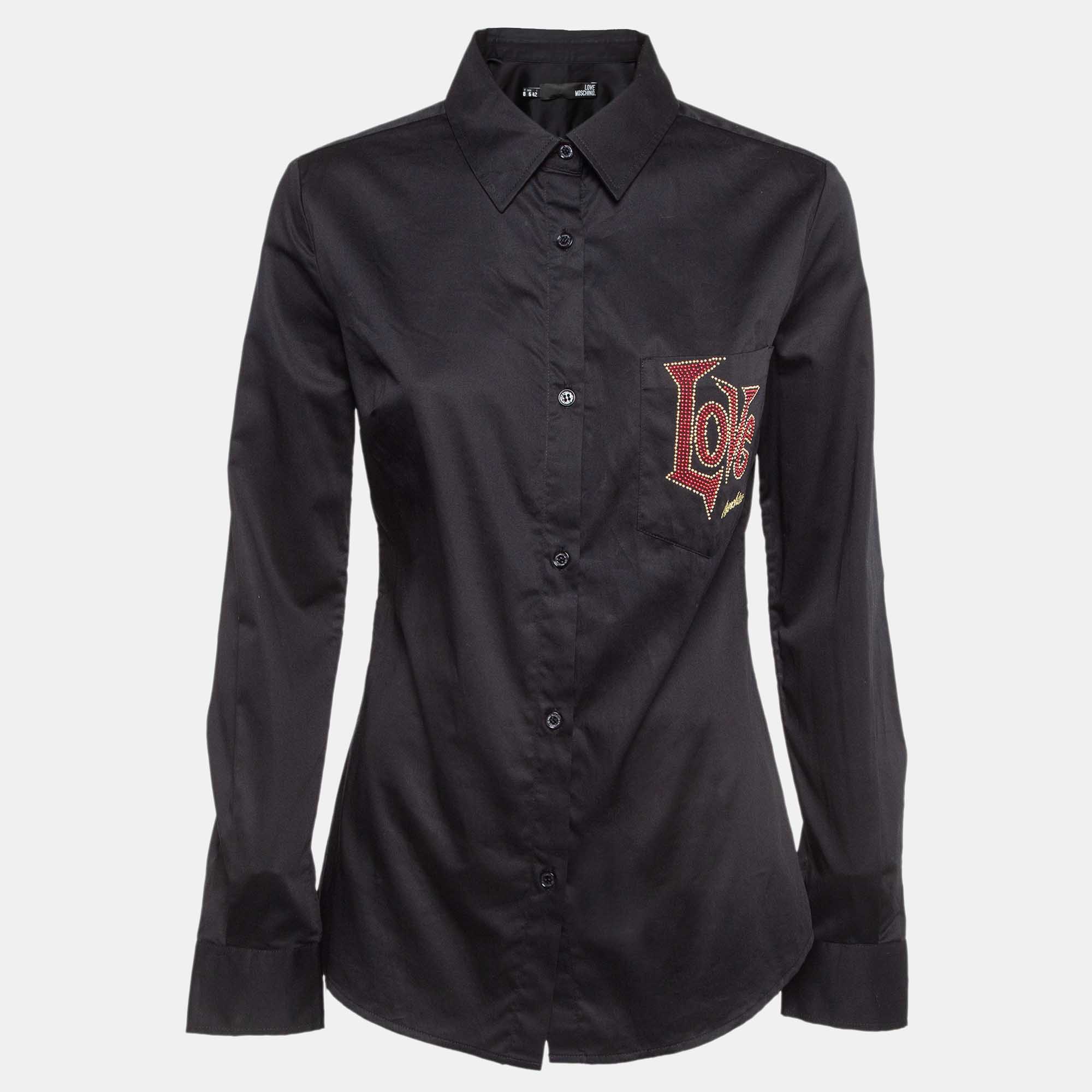 Love moschino black logo embellished cotton long sleeve shirt m