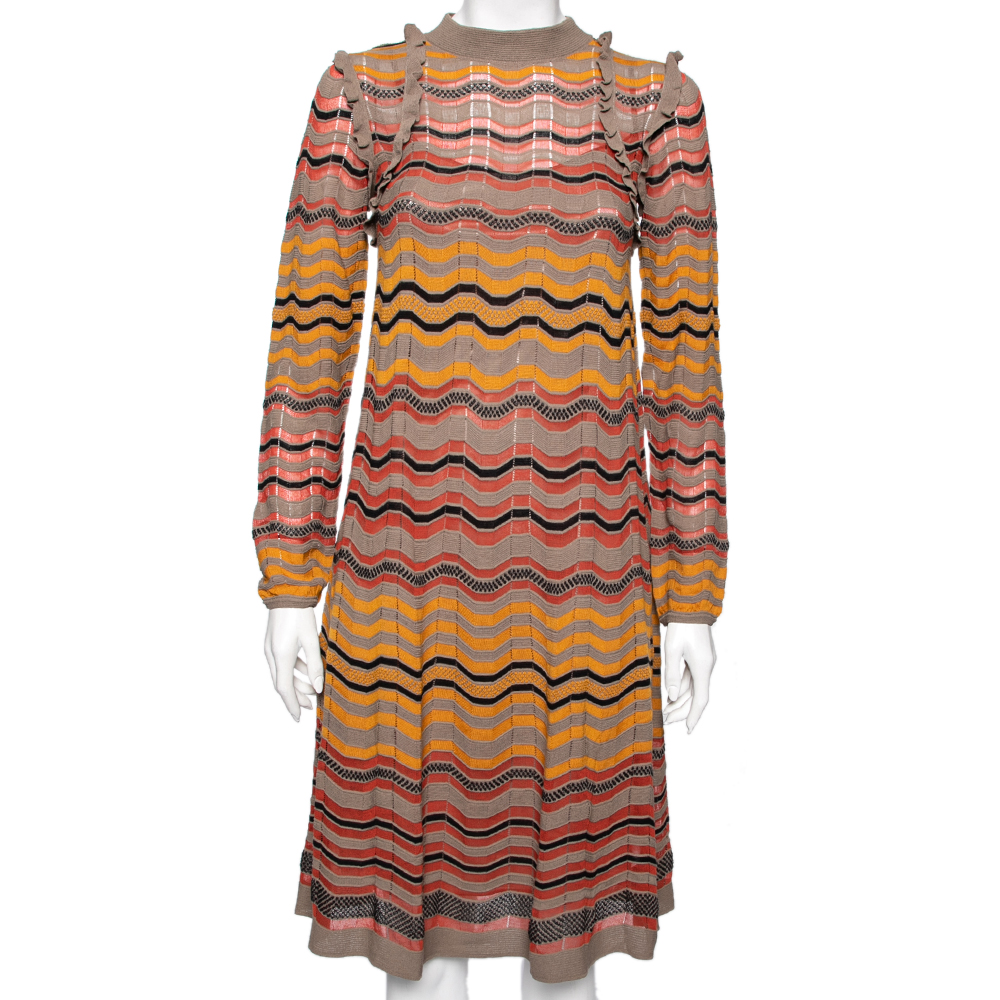 M missoni multicolor wave perforated pattern knit ruffle detailed midi dress s