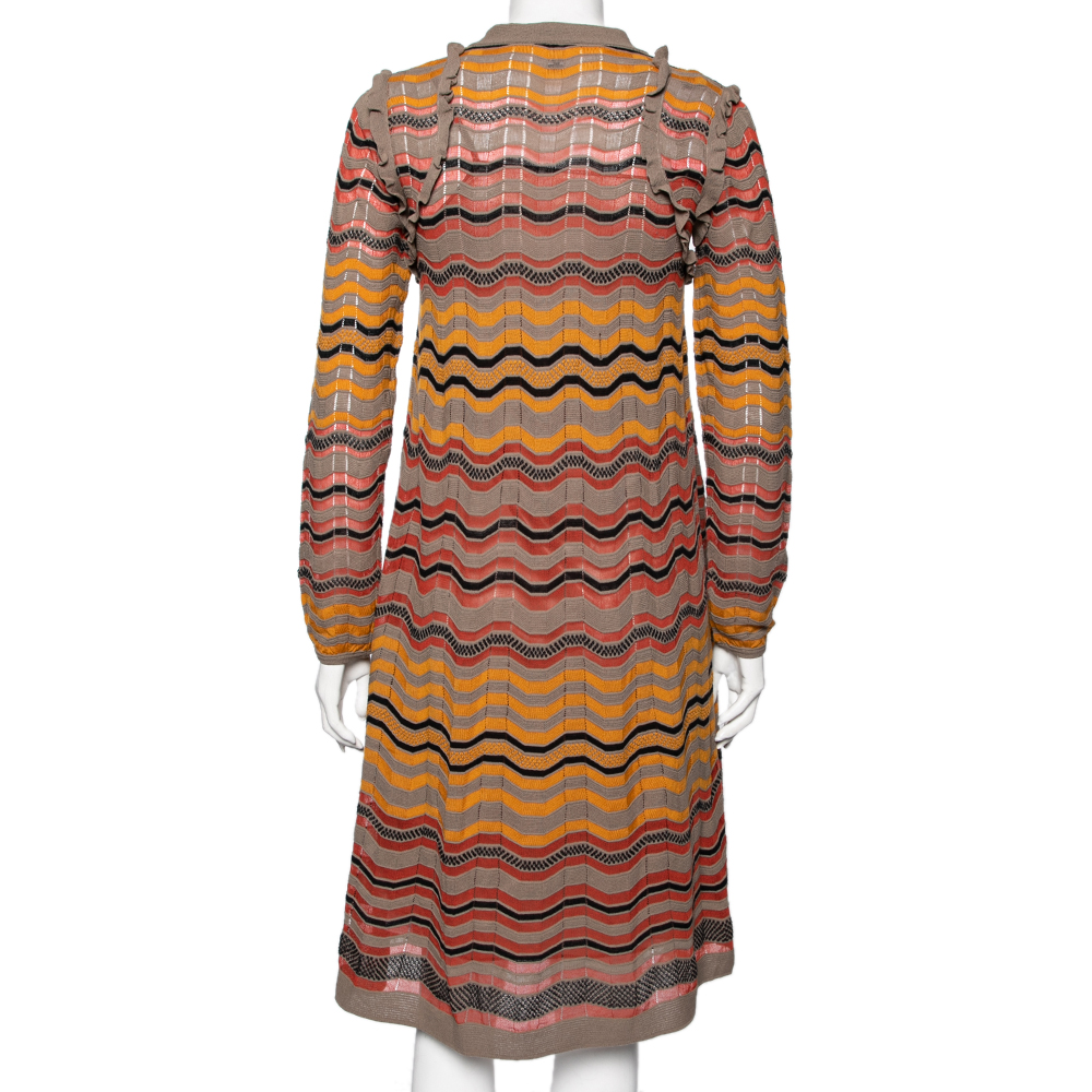 M Missoni Multicolor Wave Perforated Pattern Knit Ruffle Detailed Midi Dress S