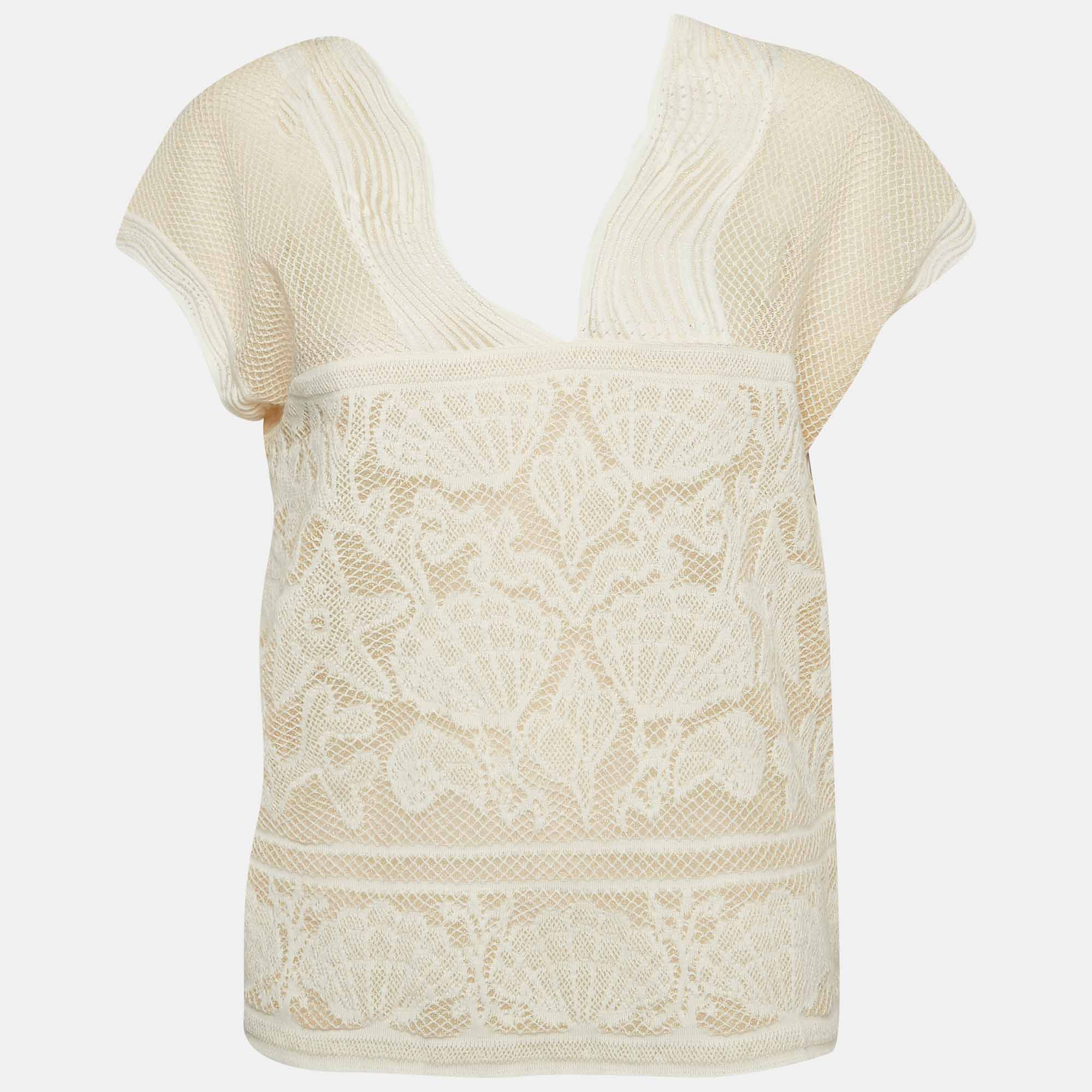 M missoni ivory white sea shell pattern lurex knit cap sleeve top s
