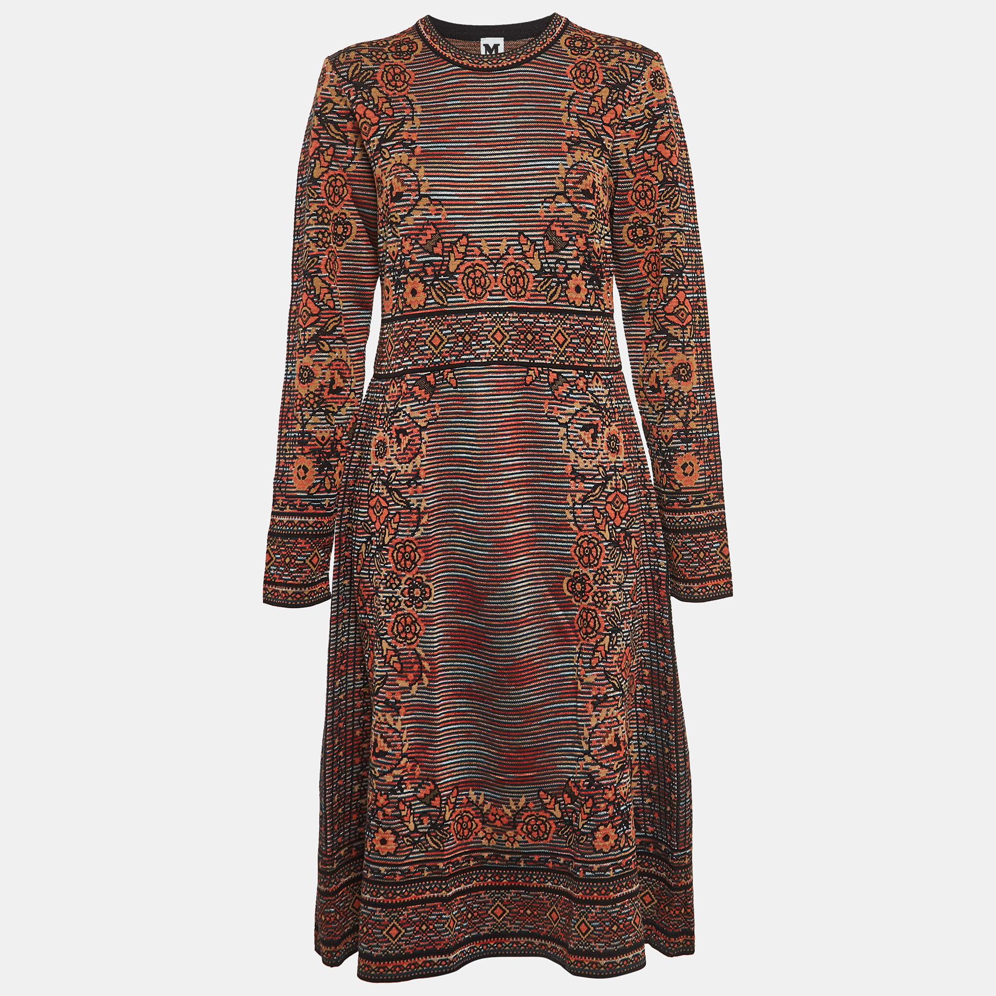 M missoni brown floral intarsia knitted long sleeve midi dress l