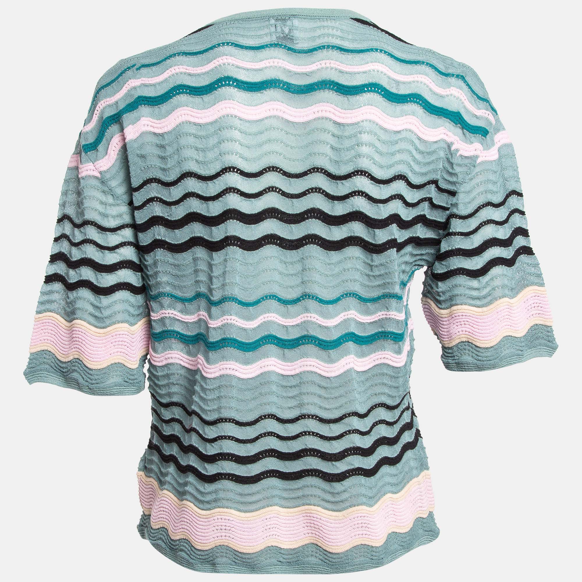 M Missoni Blue/Multicolor Patterned Knit Round Neck Top S