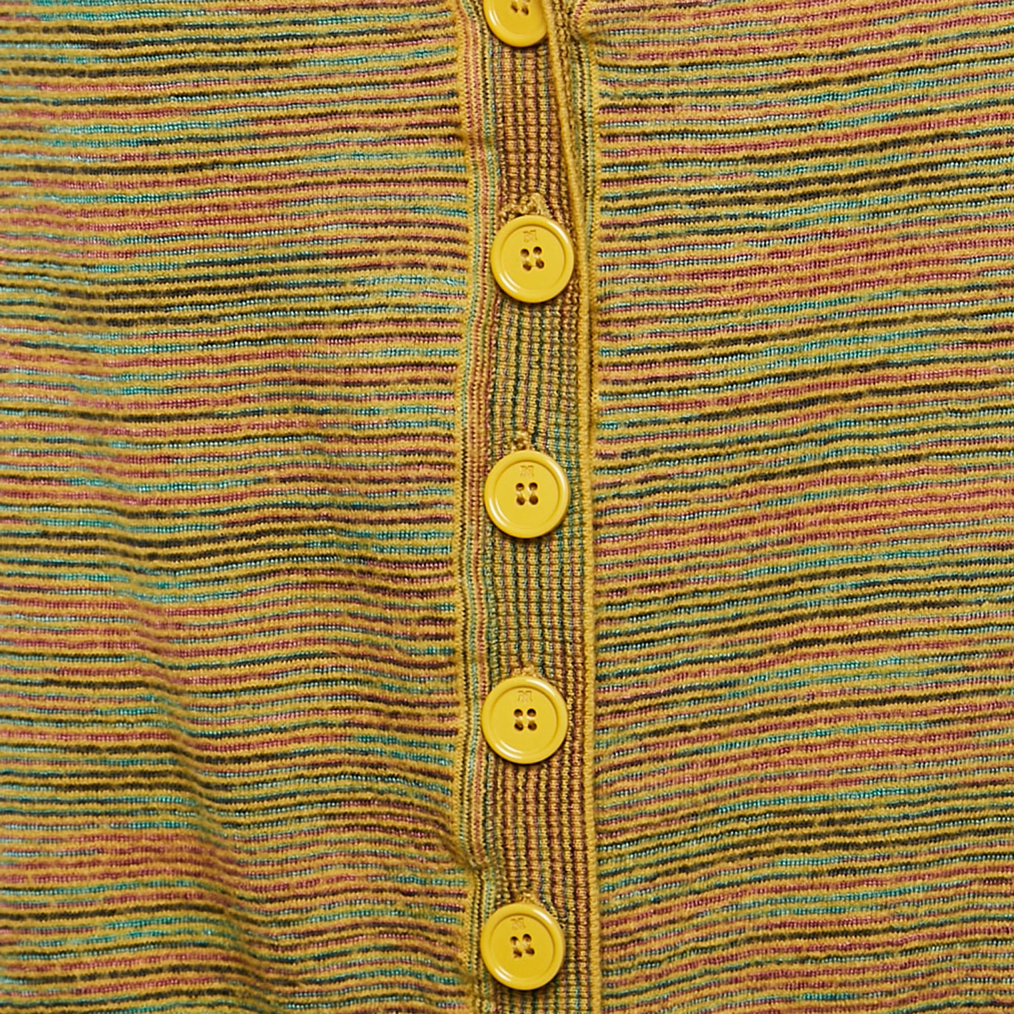 M Missoni Yellow Stripe Knit And Silk Buttoned Cardigan M