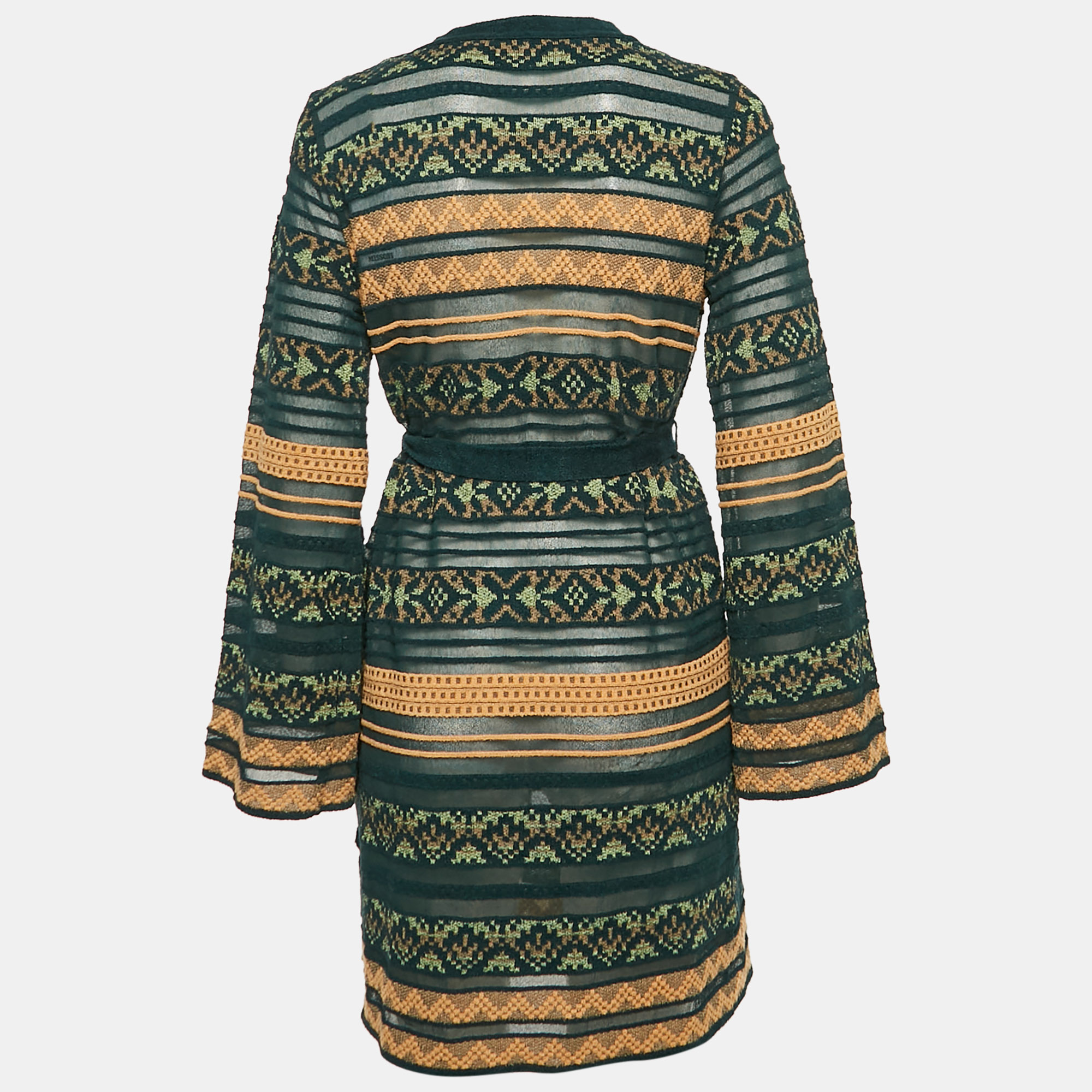 M Missoni Green Stripe Knit Belted Long Cardigan M