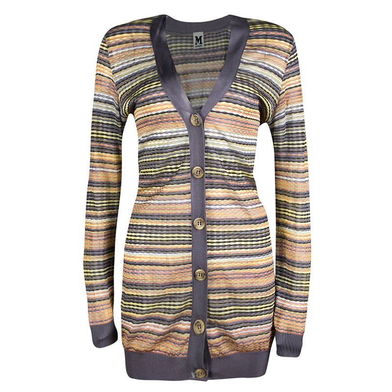 Image of M Missoni Multicolor Patterned Knit Contrast Ribbed Trim Cardigan M