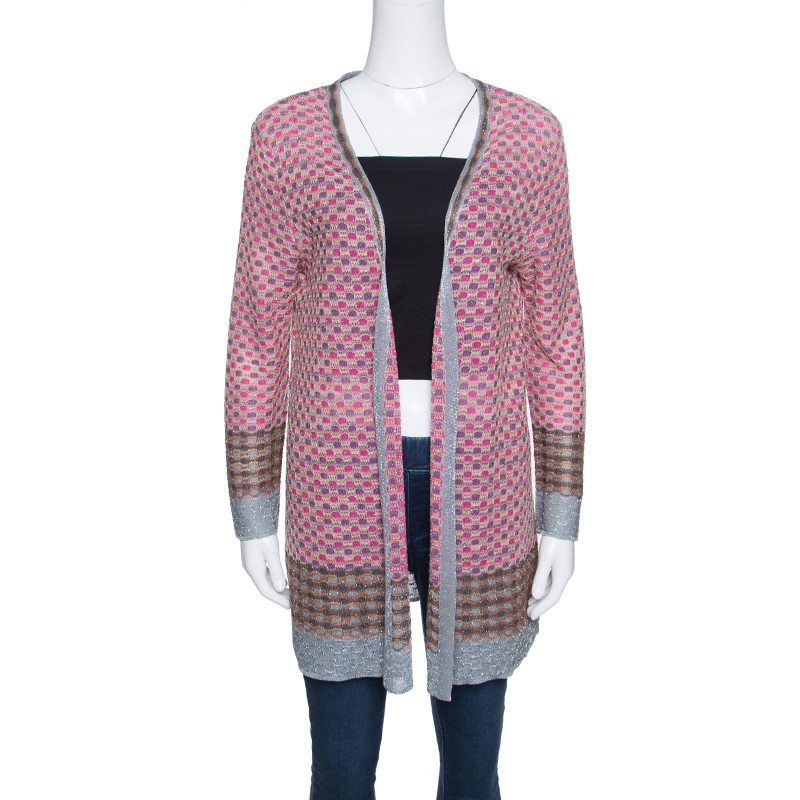 Image of M Missoni Multicolor Patterned Lurex Knit Open Front Cardigan L