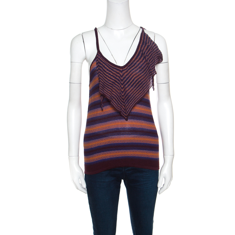 M missoni brown and blue striped knit tie detail racer back top m