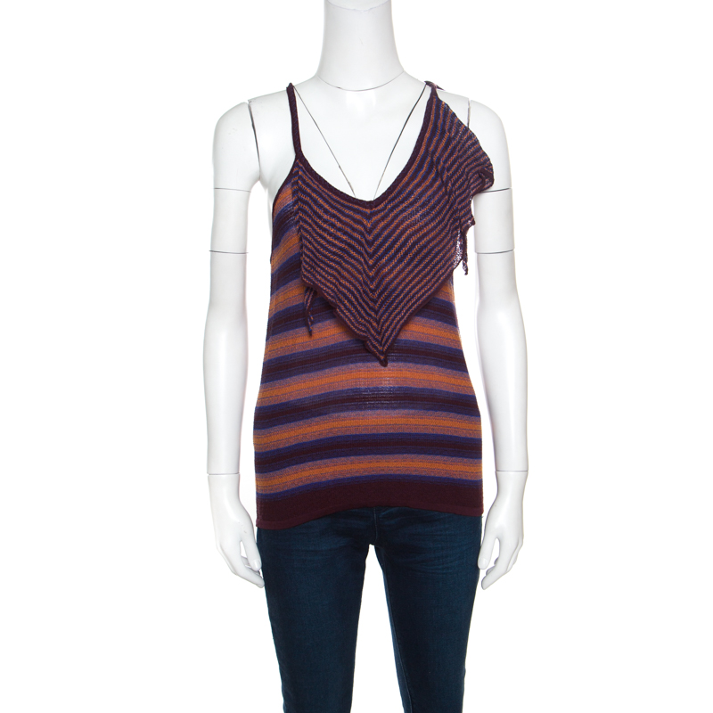 M Missoni Brown And Blue Striped Knit Tie Detail Racer Back Top M