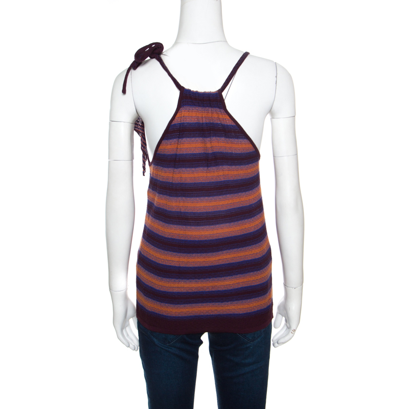 M Missoni Brown And Blue Striped Knit Tie Detail Racer Back Top M