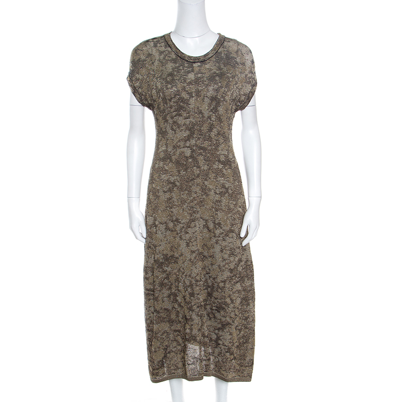 Image of M Missoni Dull Gold and Black Lurex Knit Short Sleeve Midi Dress L