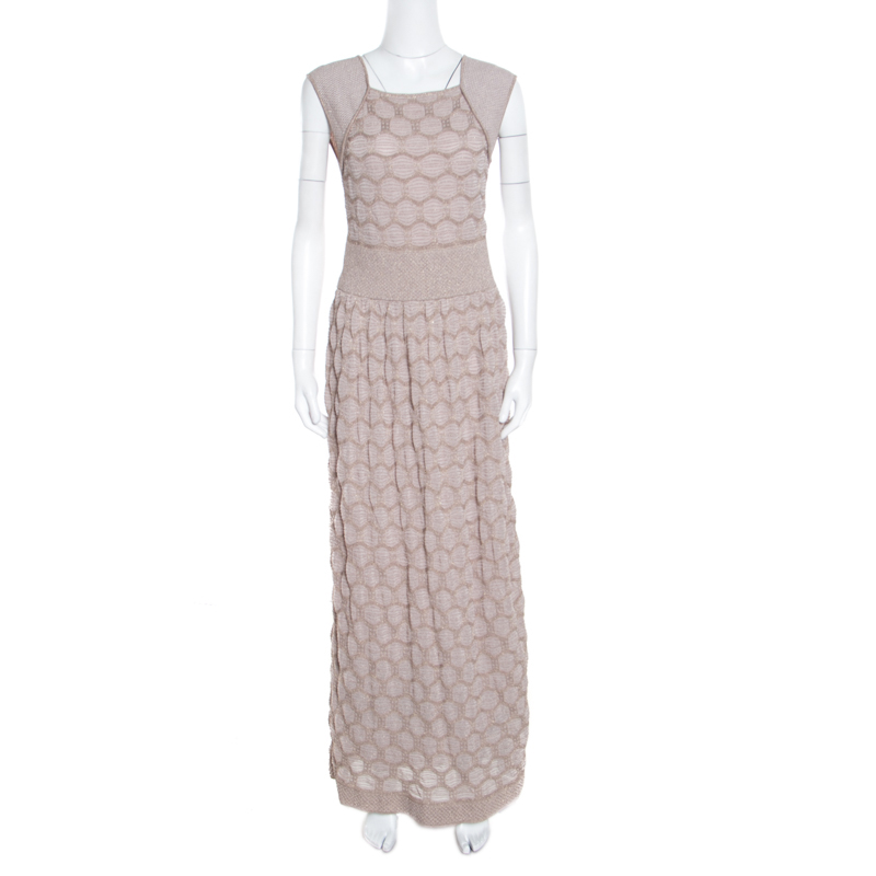 Image of M Missoni Beige Lurex Patterned Knit Sleeveless Maxi Dress L