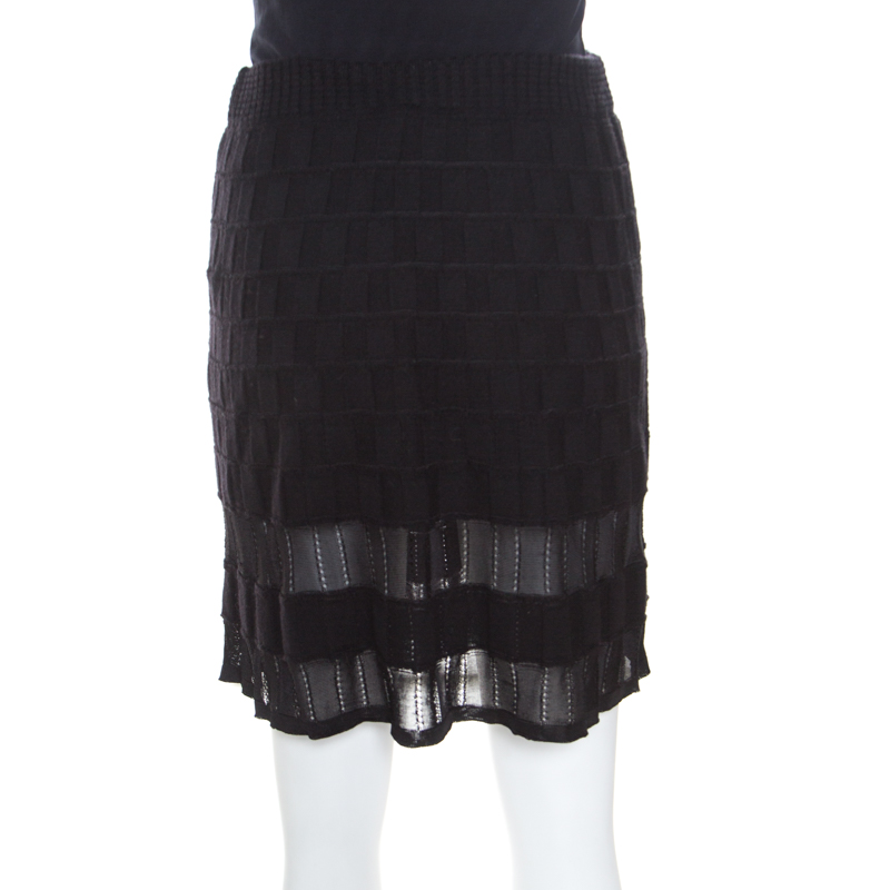M Missoni Checkerboard Wool Knit Mesh Paneled A Line Skirt S