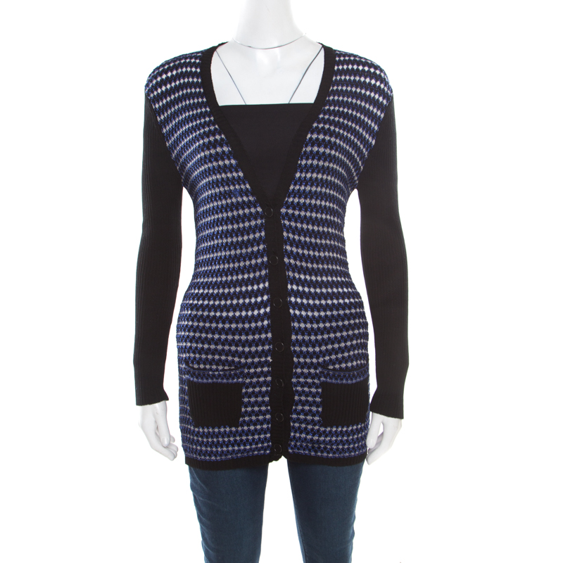 Image of M Missoni Black Contrast Crochet Front Panel Ribbed Cardigan M