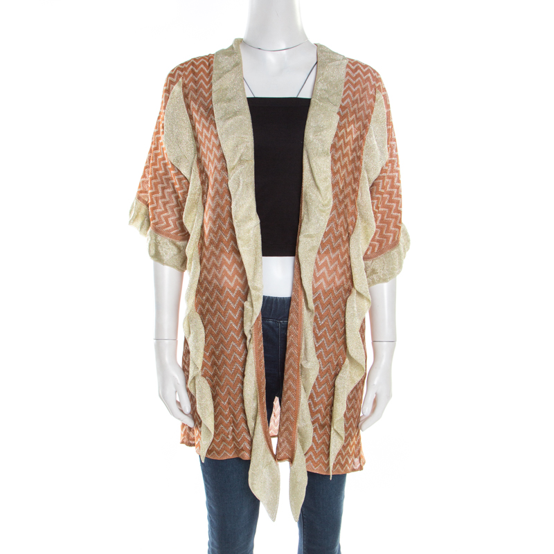 Image of M Missoni Burnt Orange Chevron Pattern Knit Ruffled Cardigan L